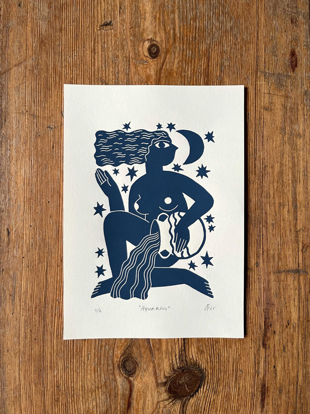 Hand carved original linocut print “Zodiac Sign. Aquarius”