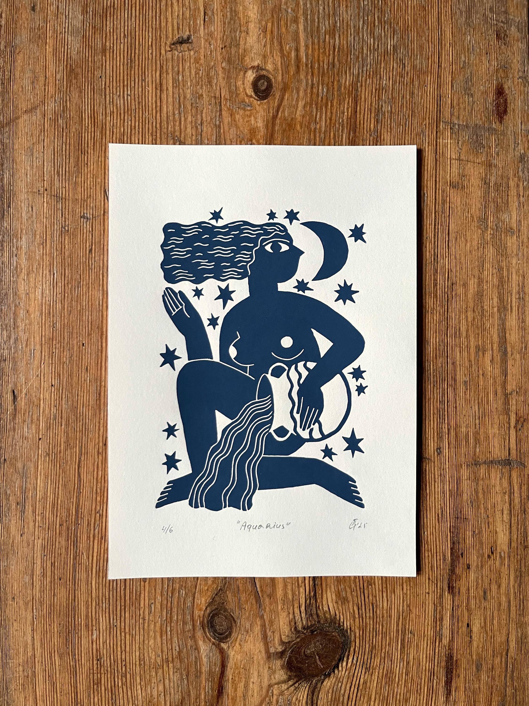 Hand carved original linocut print “Zodiac Sign. Aquarius”