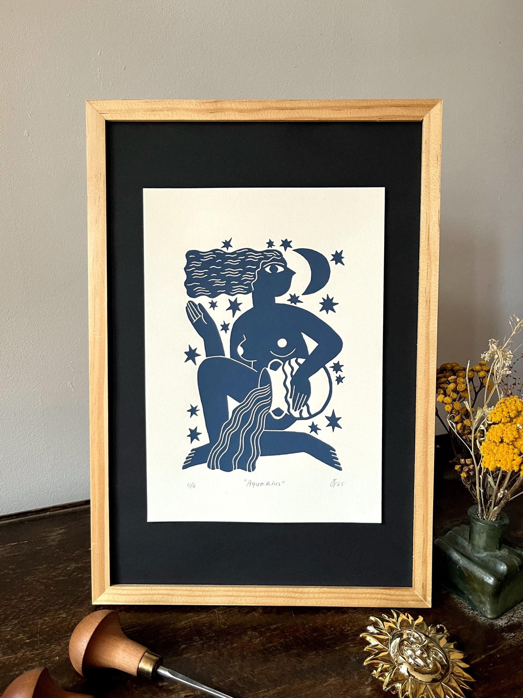 Hand carved original linocut print “Zodiac Sign. Aquarius”
