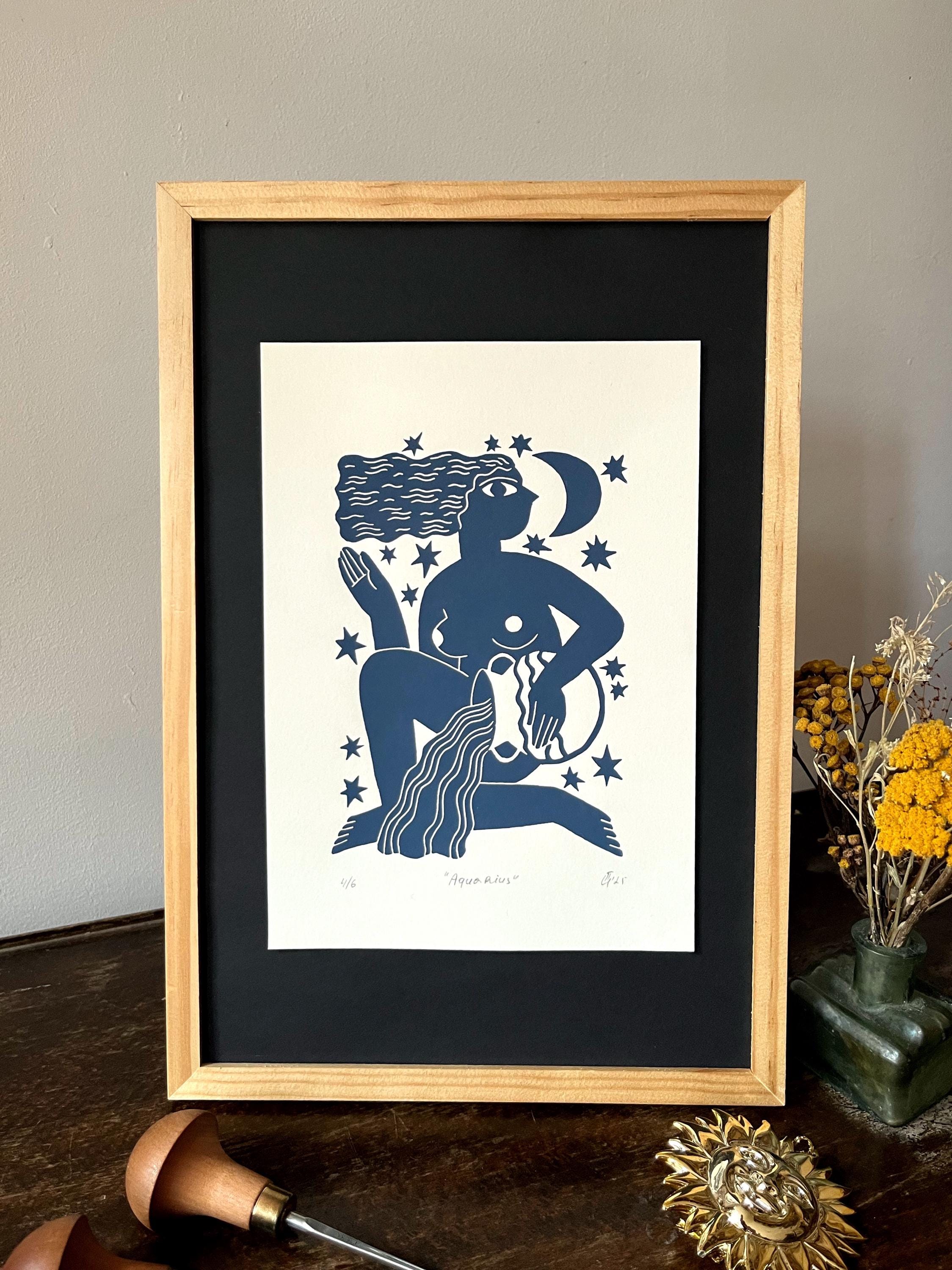 Hand carved original linocut print “Zodiac Sign. Aquarius”