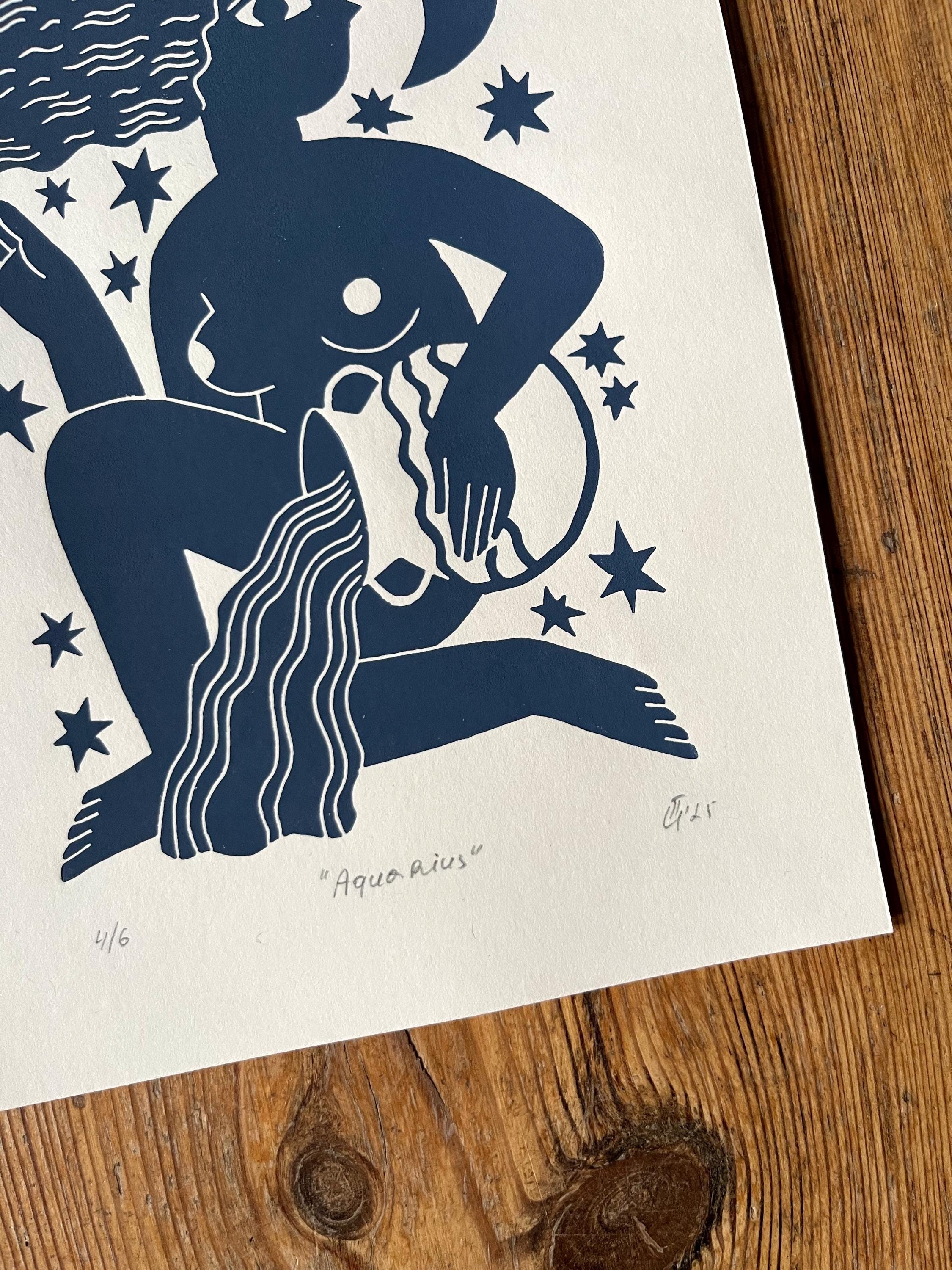 Hand carved original linocut print “Zodiac Sign. Aquarius”