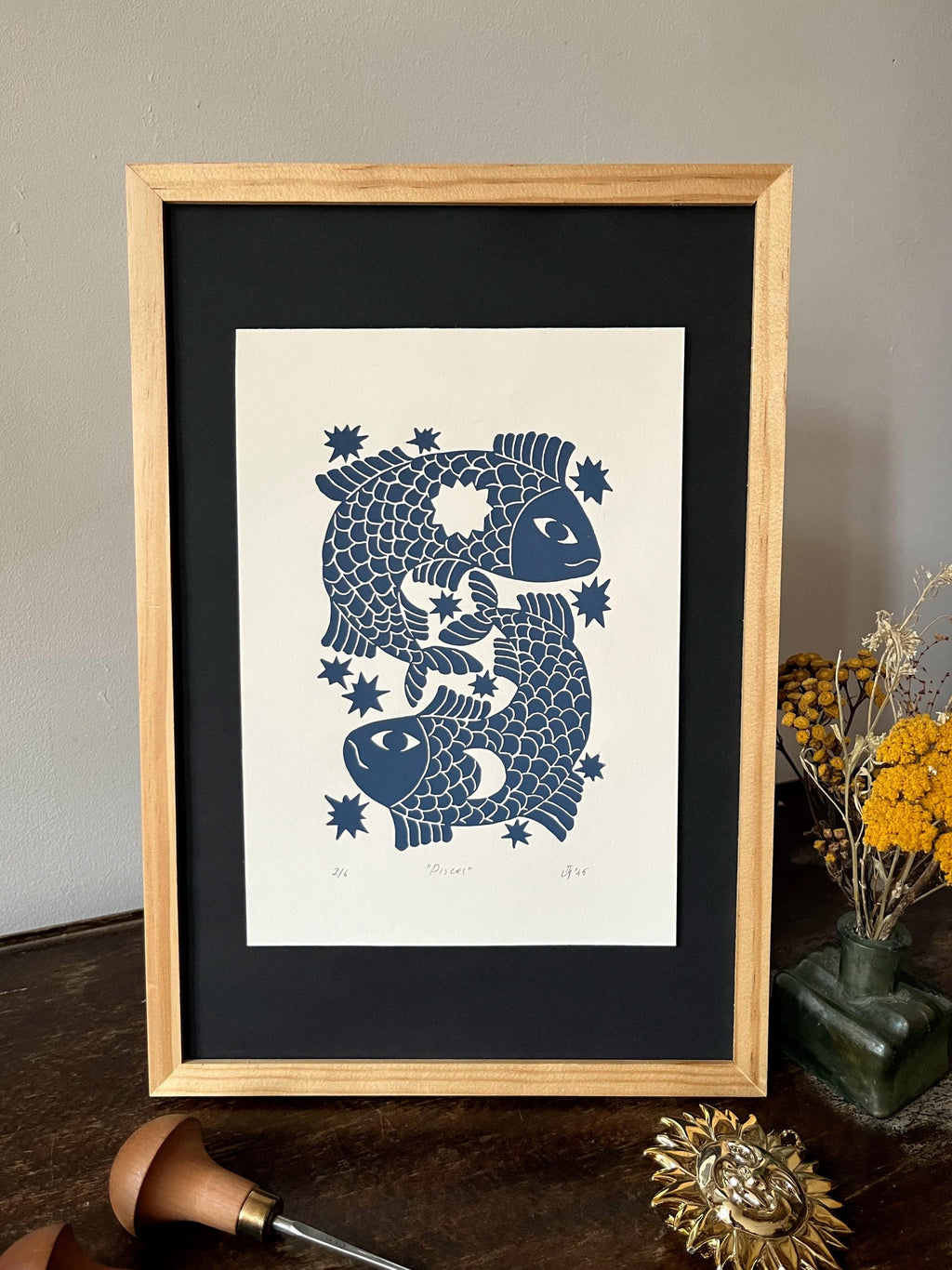 Hand carved original linocut print “Zodiac Sign. Pisces”