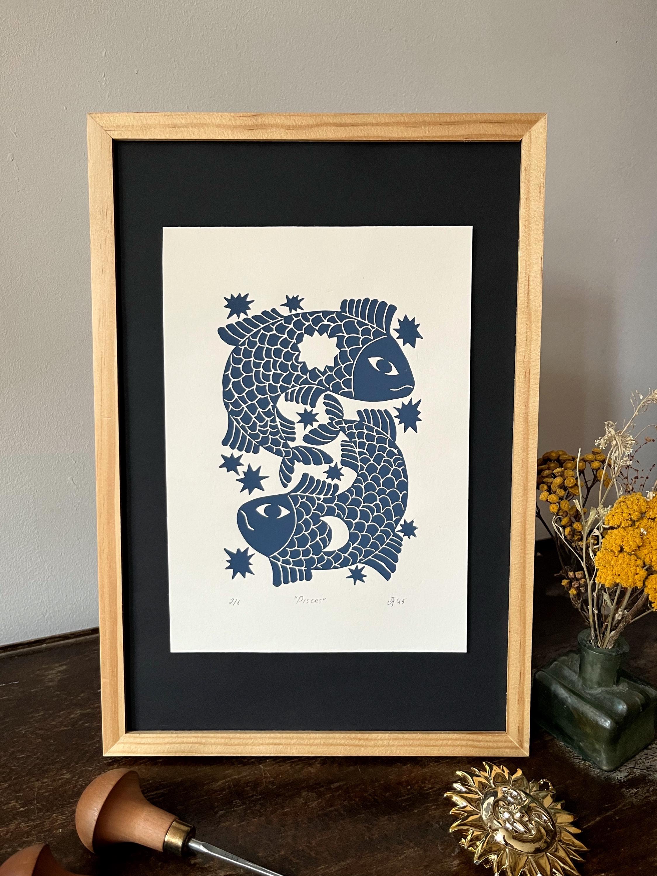 Hand carved original linocut print “Zodiac Sign. Pisces”