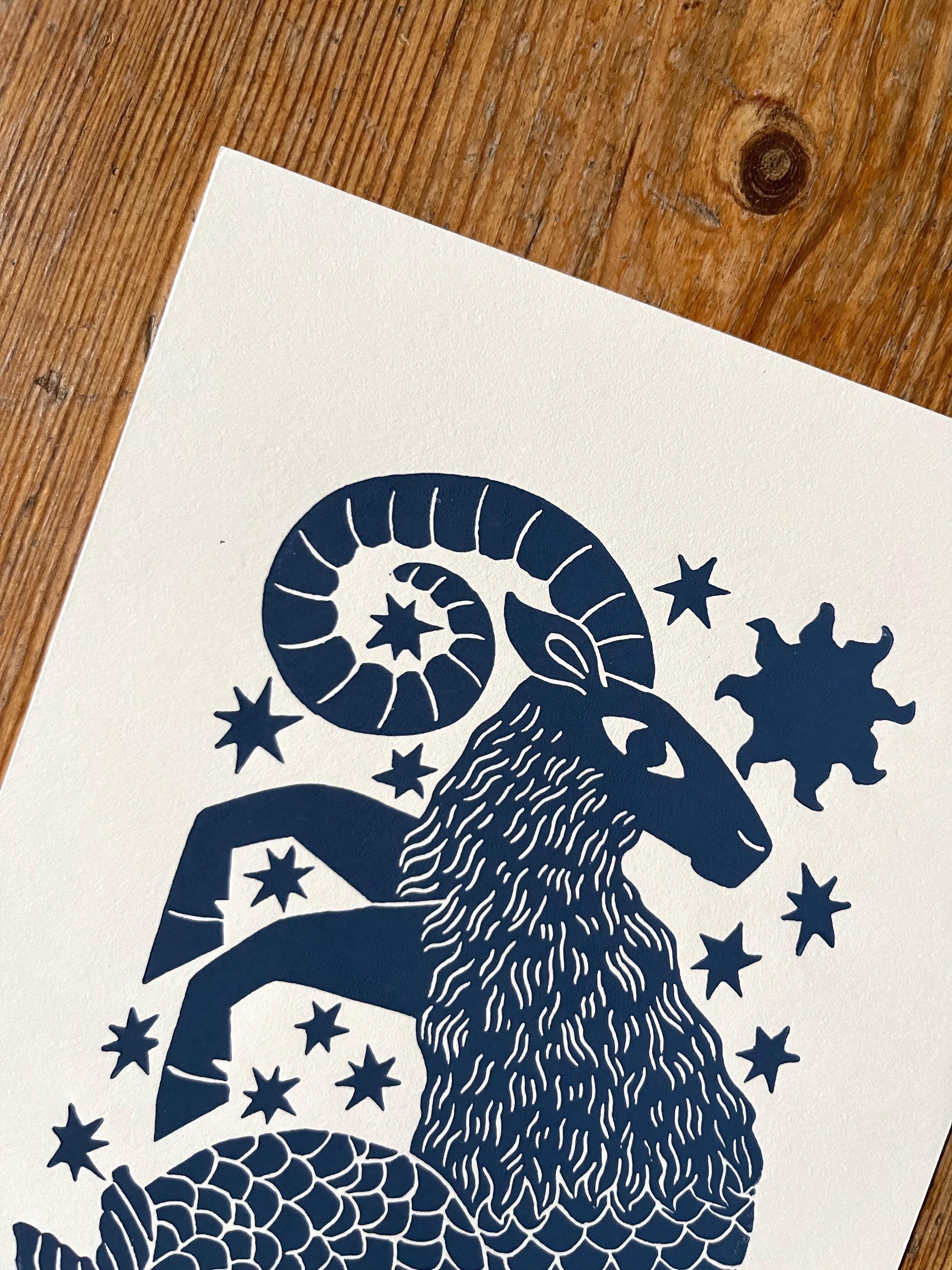 Hand carved original linocut print “Zodiac Sign. Capricorn”