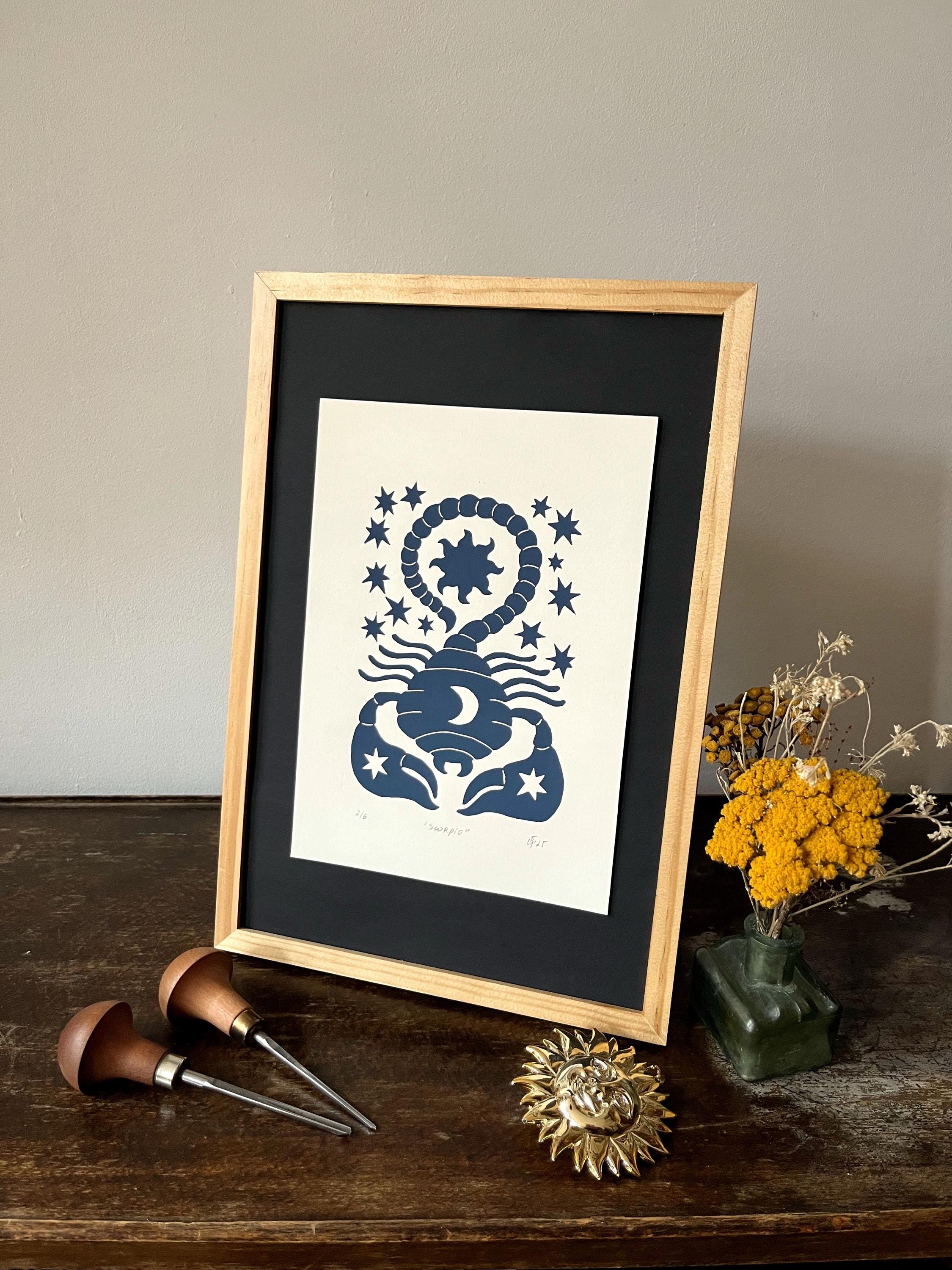 Hand carved original linocut print “Zodiac Sign. Scorpio”