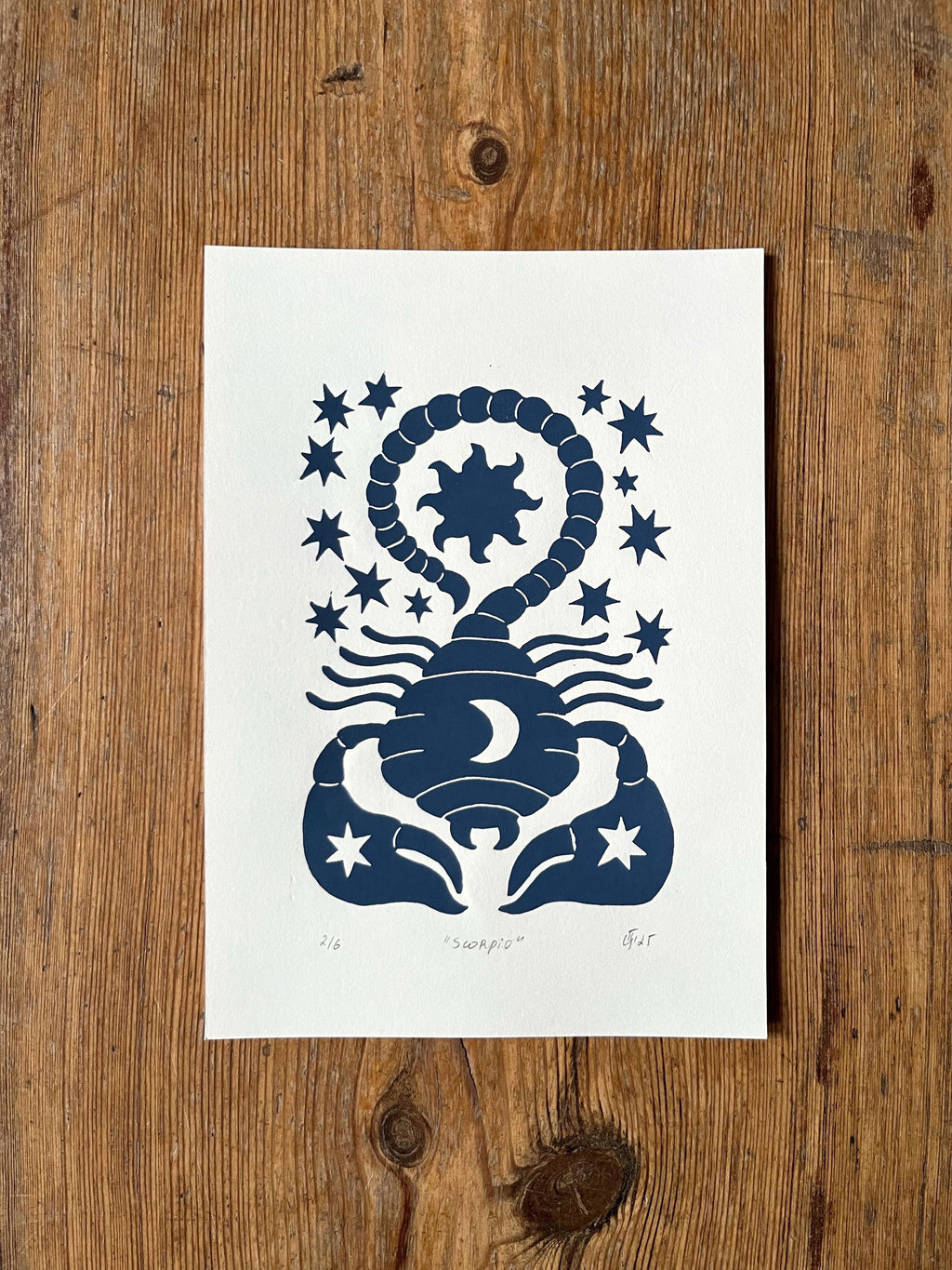 Hand carved original linocut print “Zodiac Sign. Scorpio”