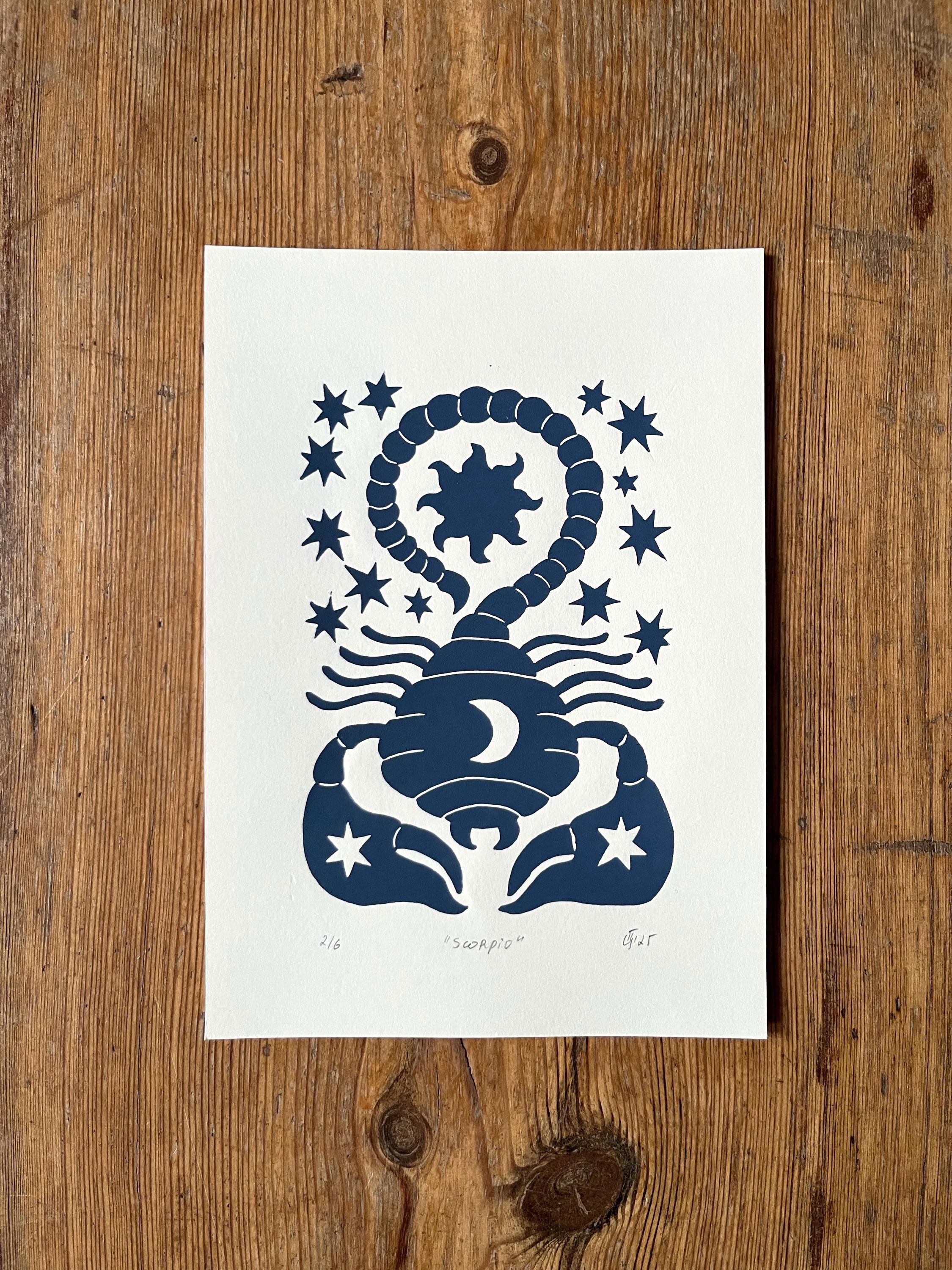 Hand carved original linocut print “Zodiac Sign. Scorpio”