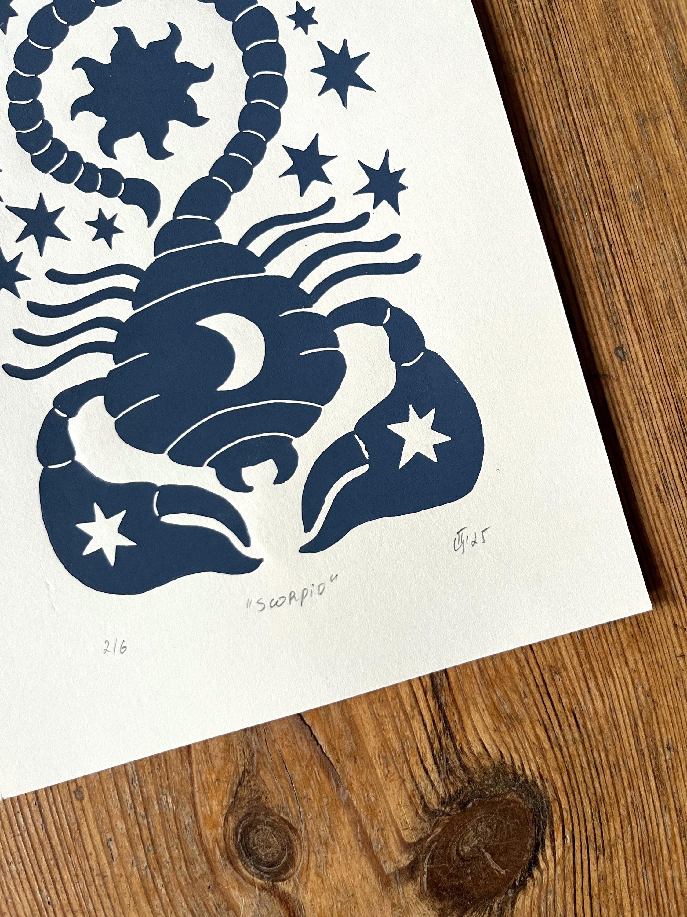 Hand carved original linocut print “Zodiac Sign. Scorpio”