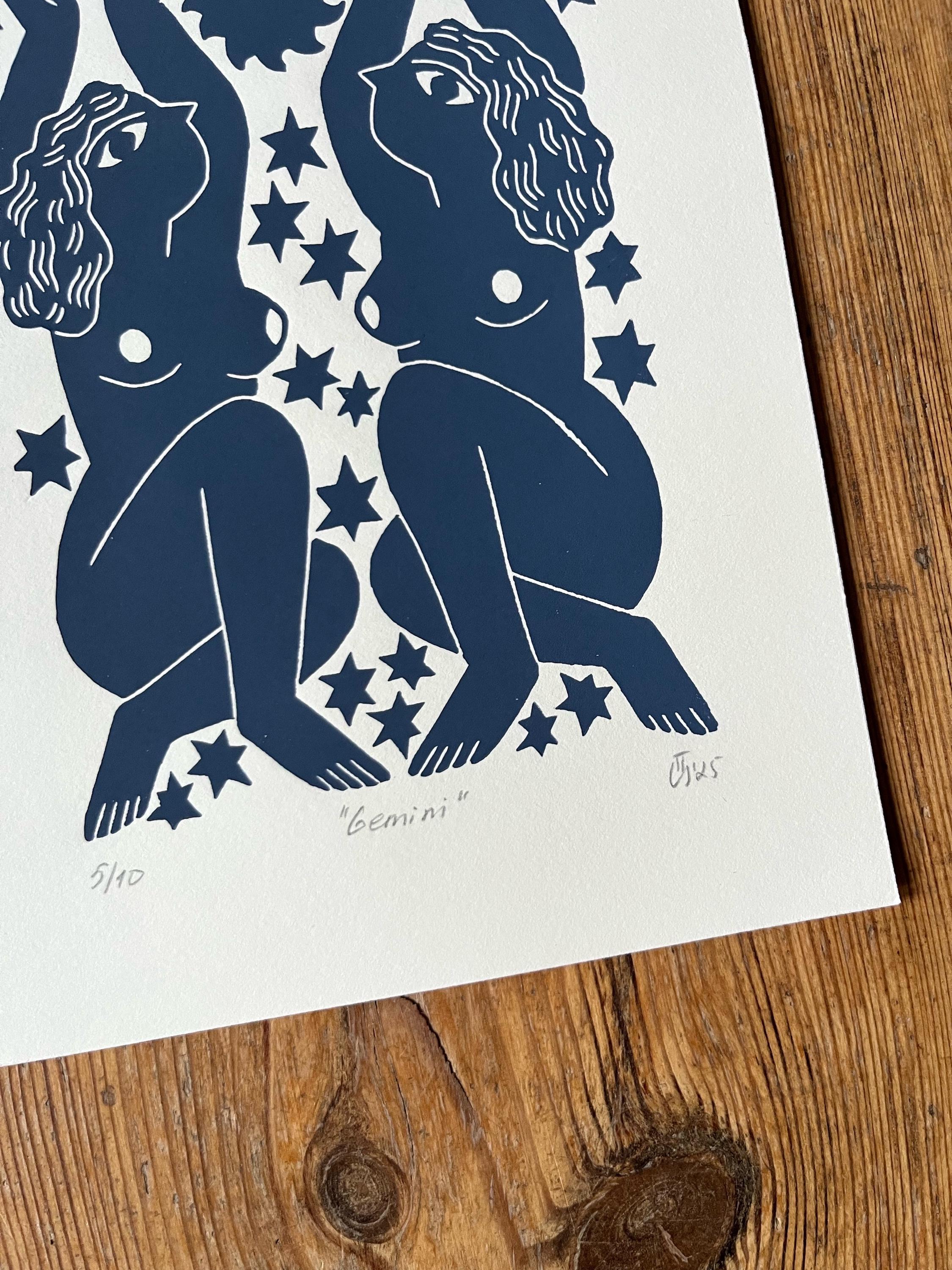 Hand carved original linocut print “Zodiac Sign. Gemini”