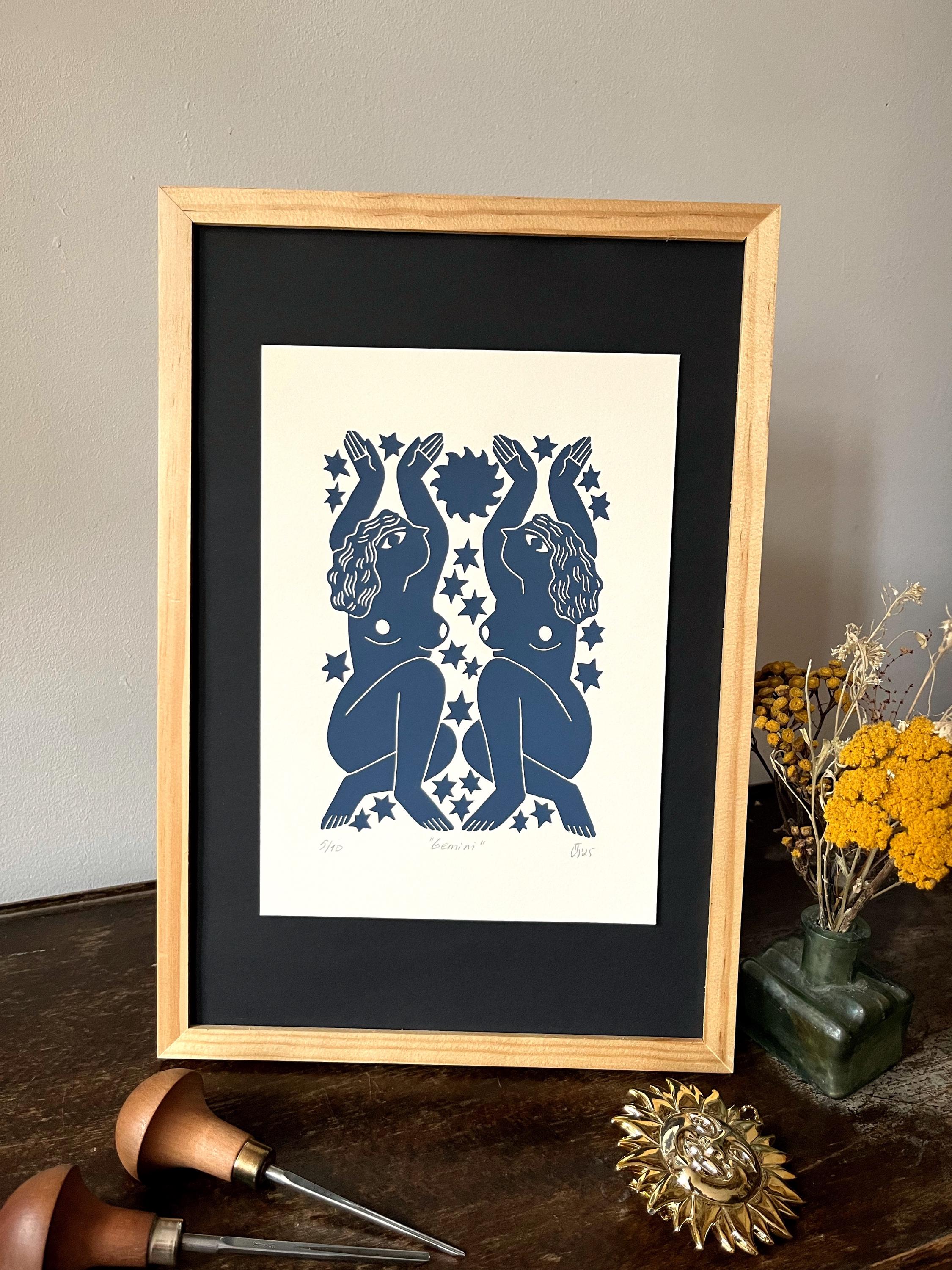 Hand carved original linocut print “Zodiac Sign. Gemini”