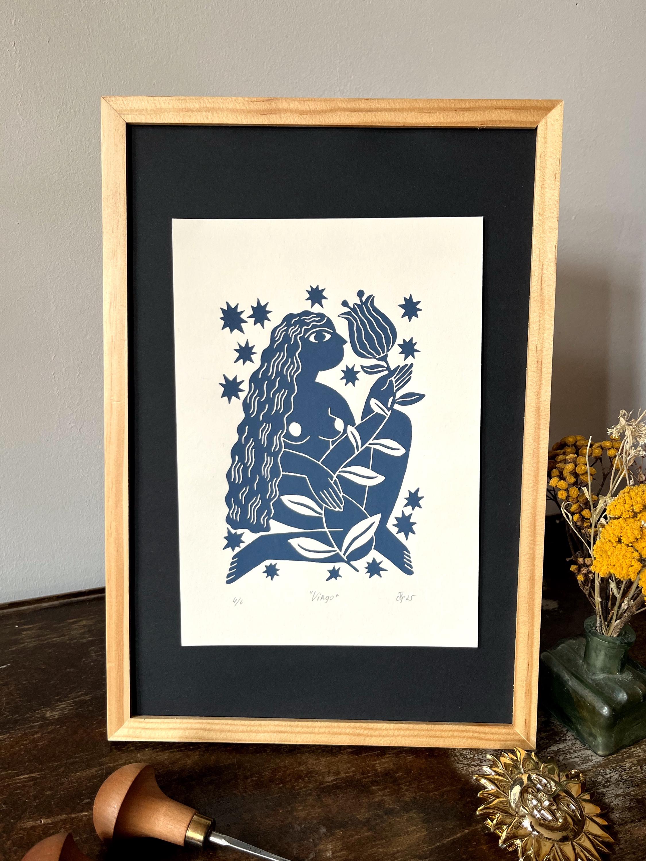 Hand carved original linocut print “Zodiac Sign. Virgo”