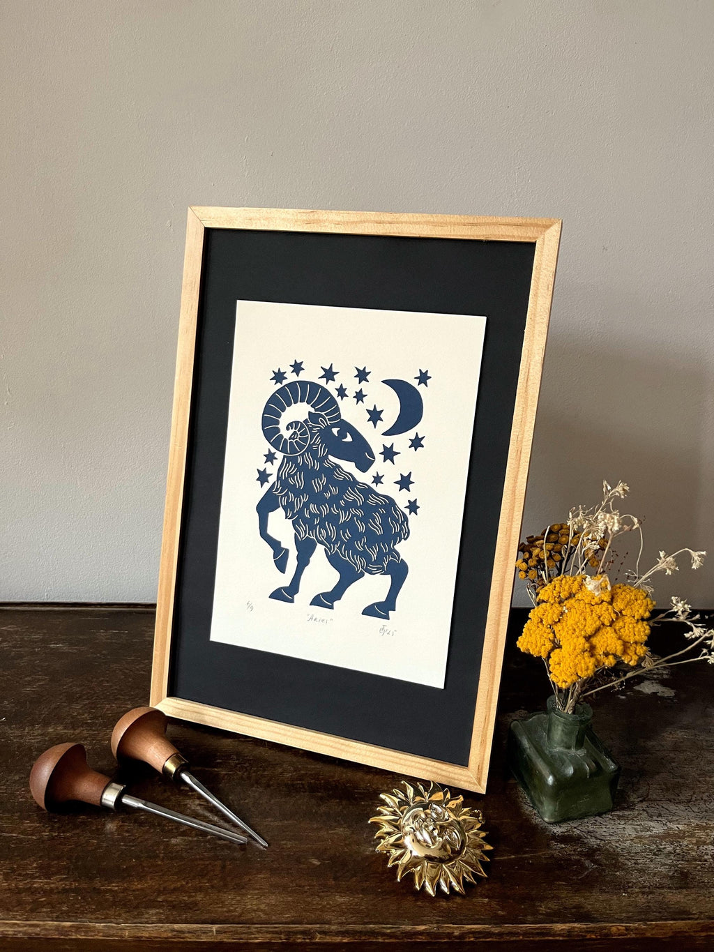 Hand carved original linocut print “Zodiac Sign. Aries”