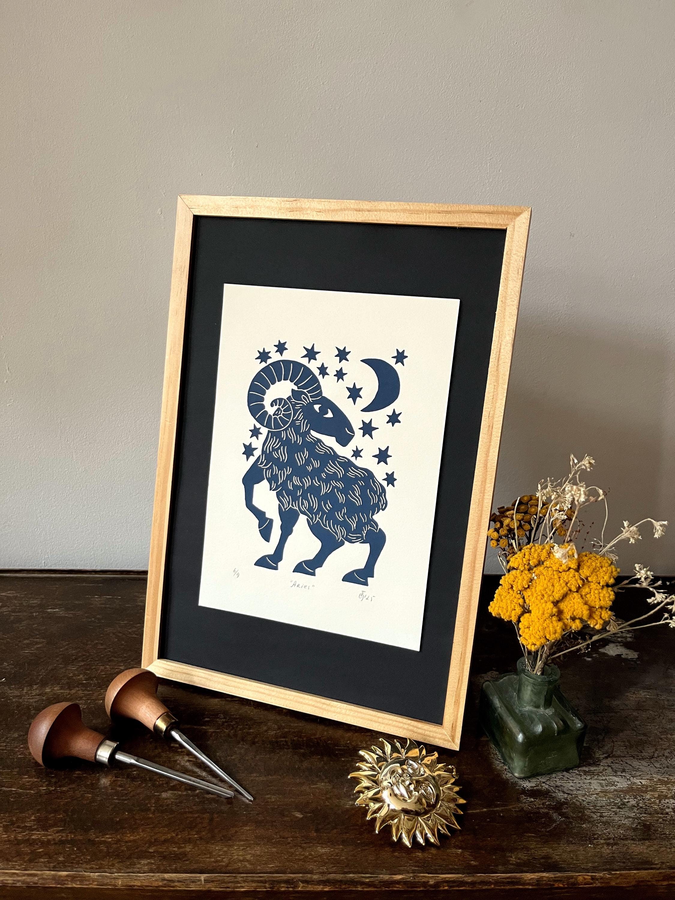 Hand carved original linocut print “Zodiac Sign. Aries”