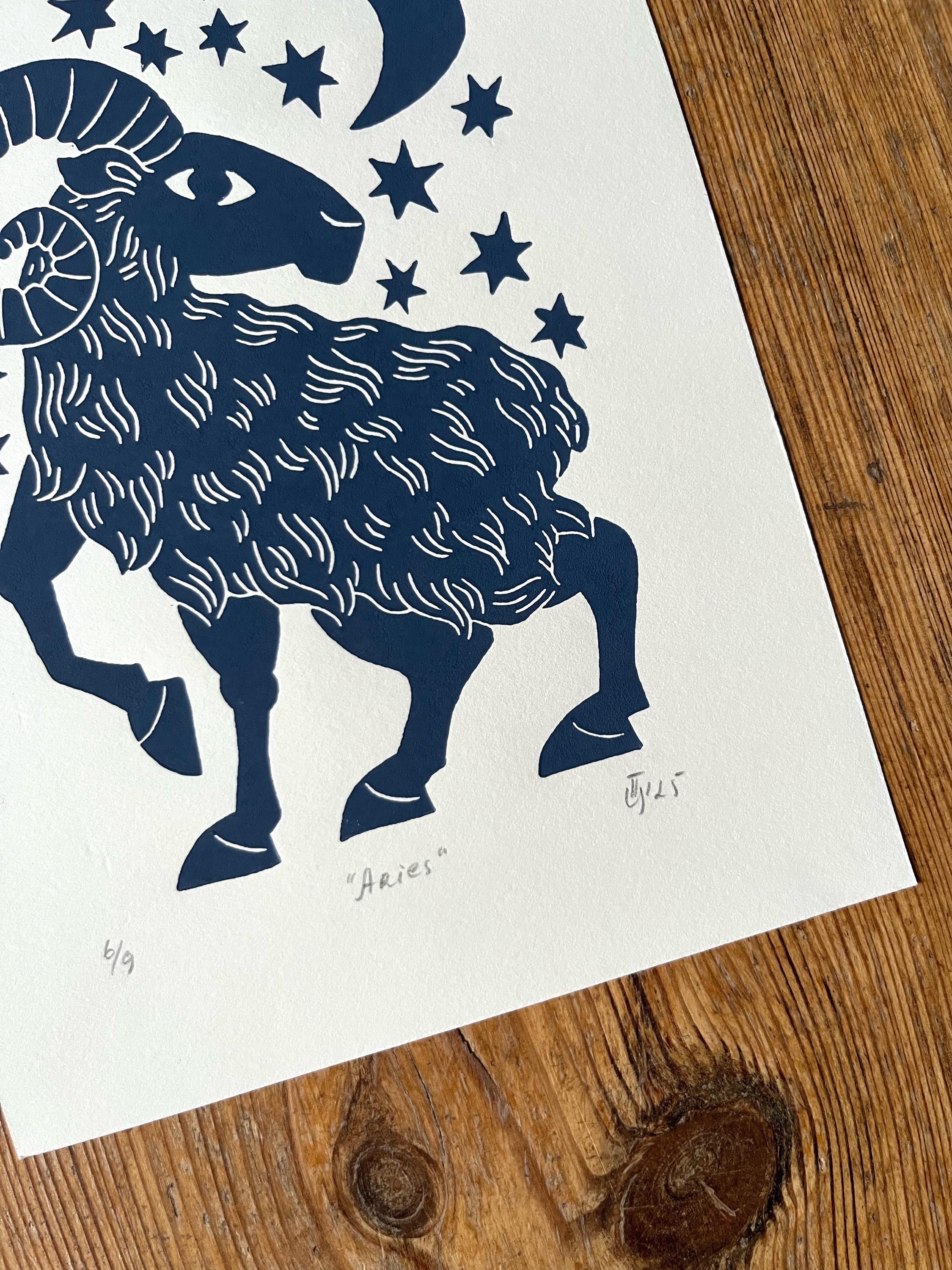 Hand carved original linocut print “Zodiac Sign. Aries”