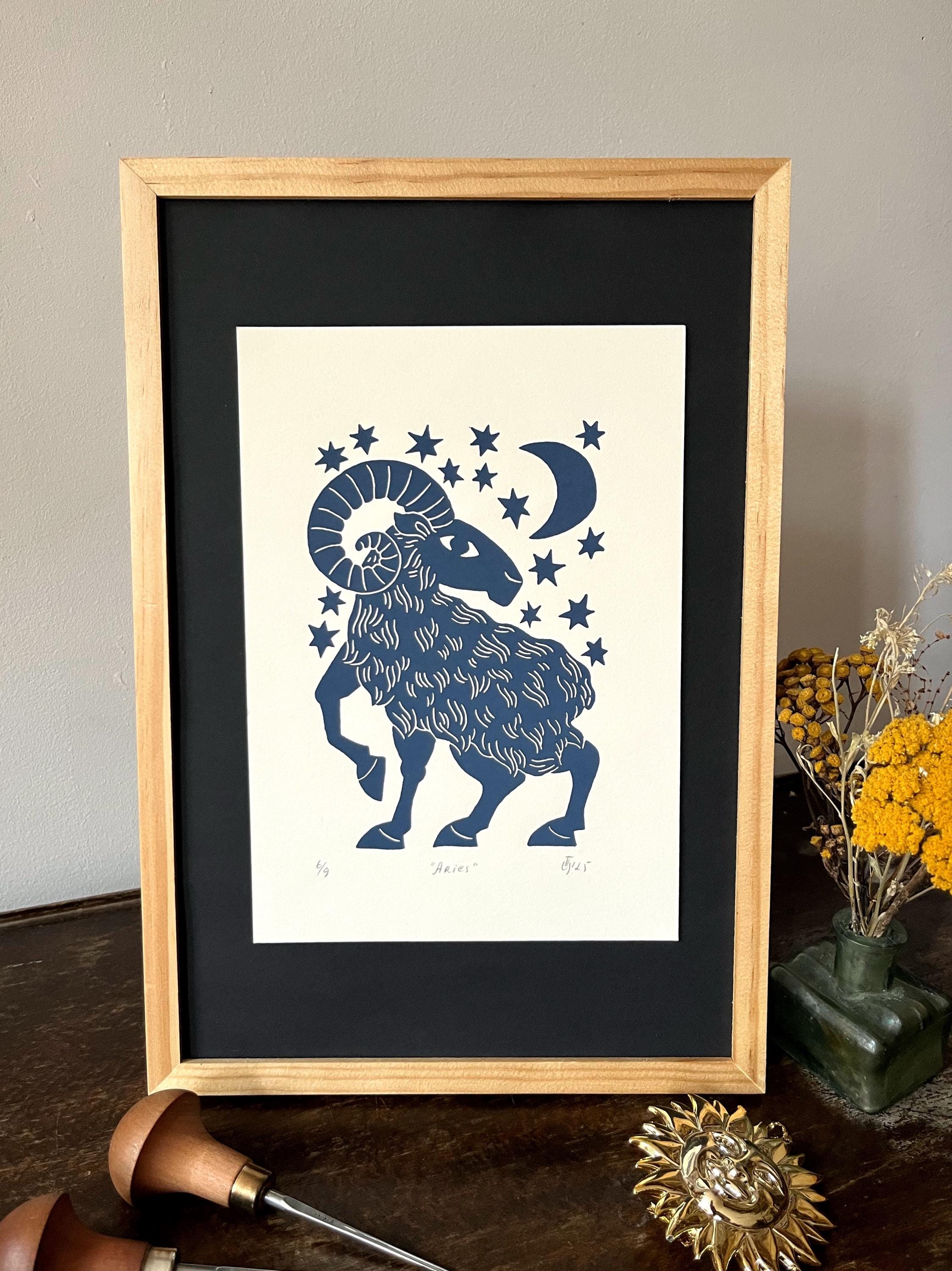 Hand carved original linocut print “Zodiac Sign. Aries”