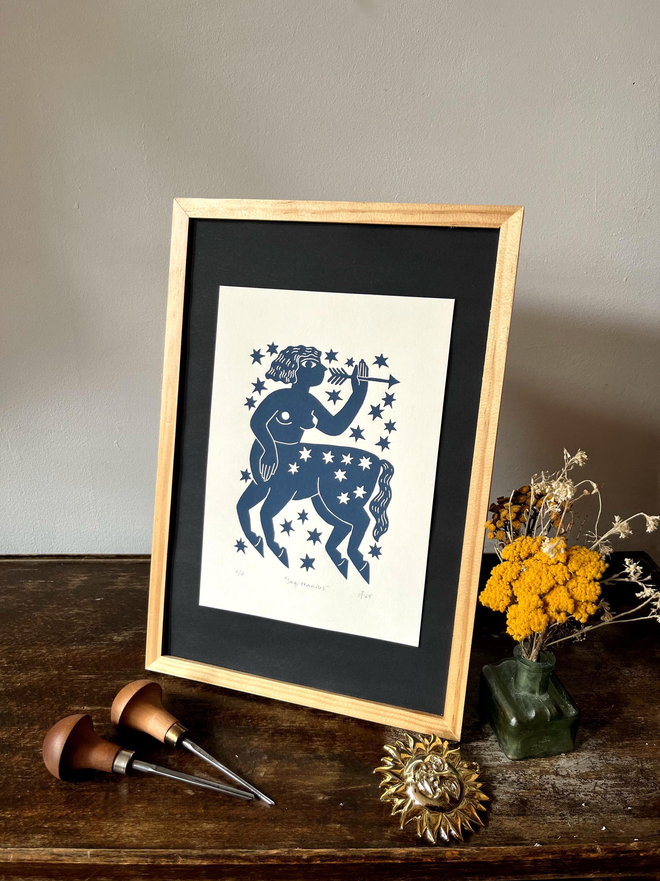 Hand carved original linocut print “Zodiac Sign. Sagittarius”