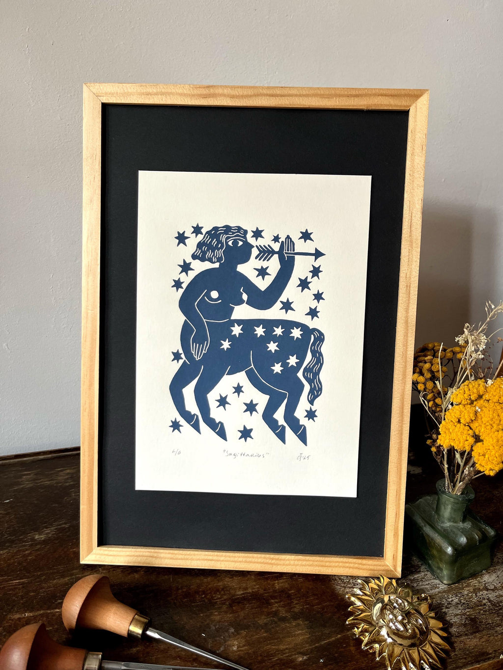 Hand carved original linocut print “Zodiac Sign. Sagittarius”