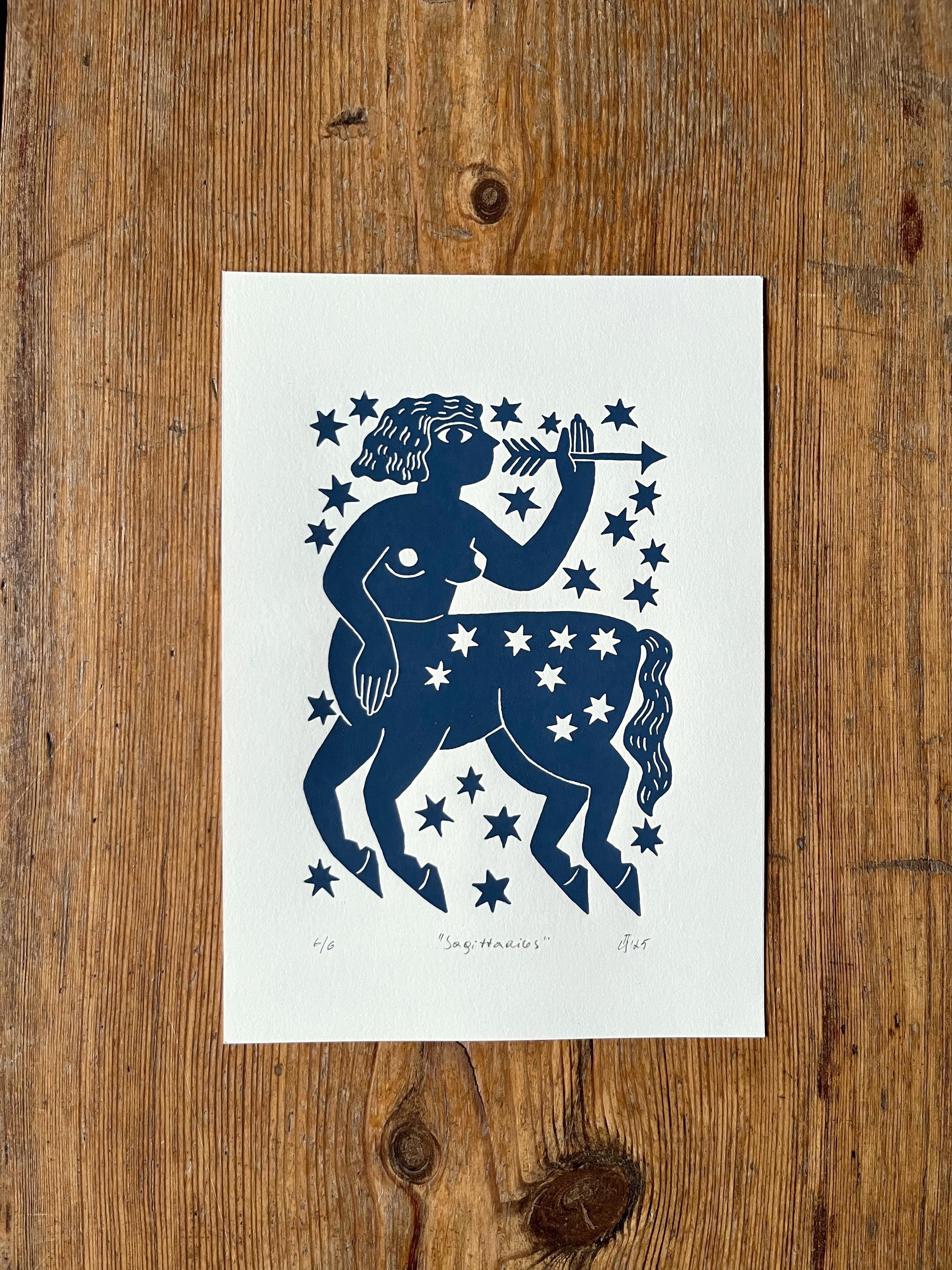 Hand carved original linocut print “Zodiac Sign. Sagittarius”