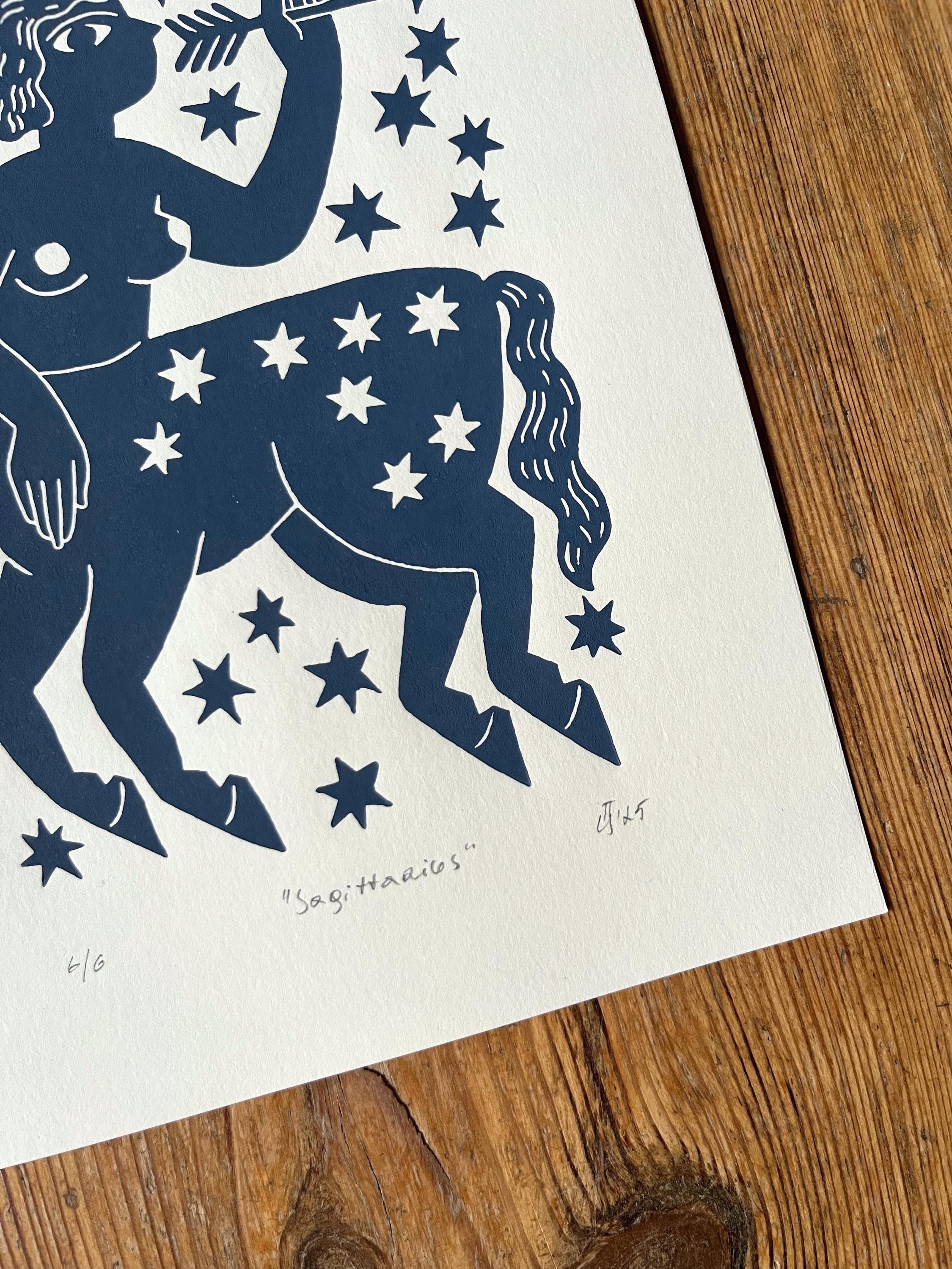 Hand carved original linocut print “Zodiac Sign. Sagittarius”