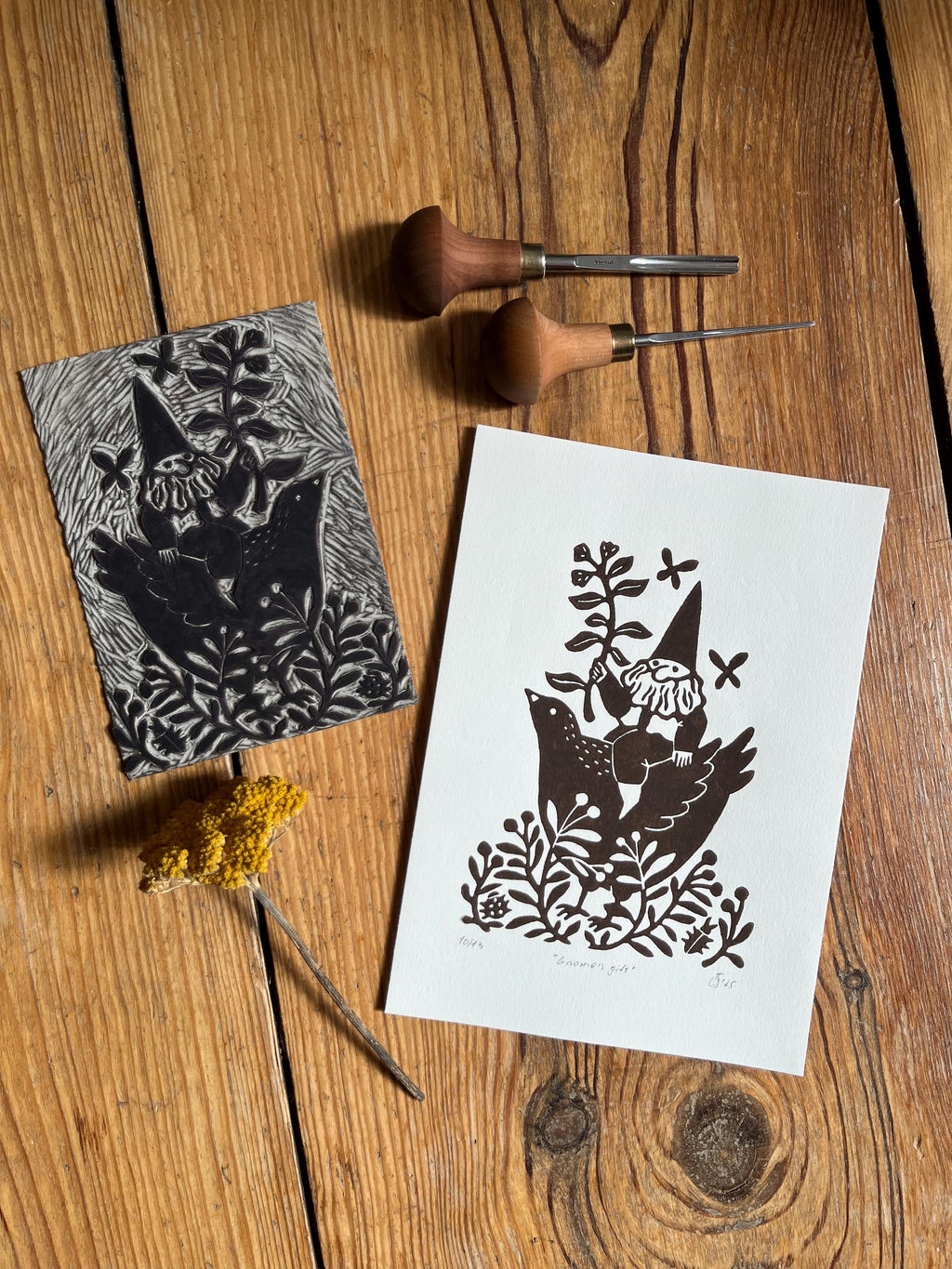 Limited edition hand-carved linocut print “Gnome with Flower”