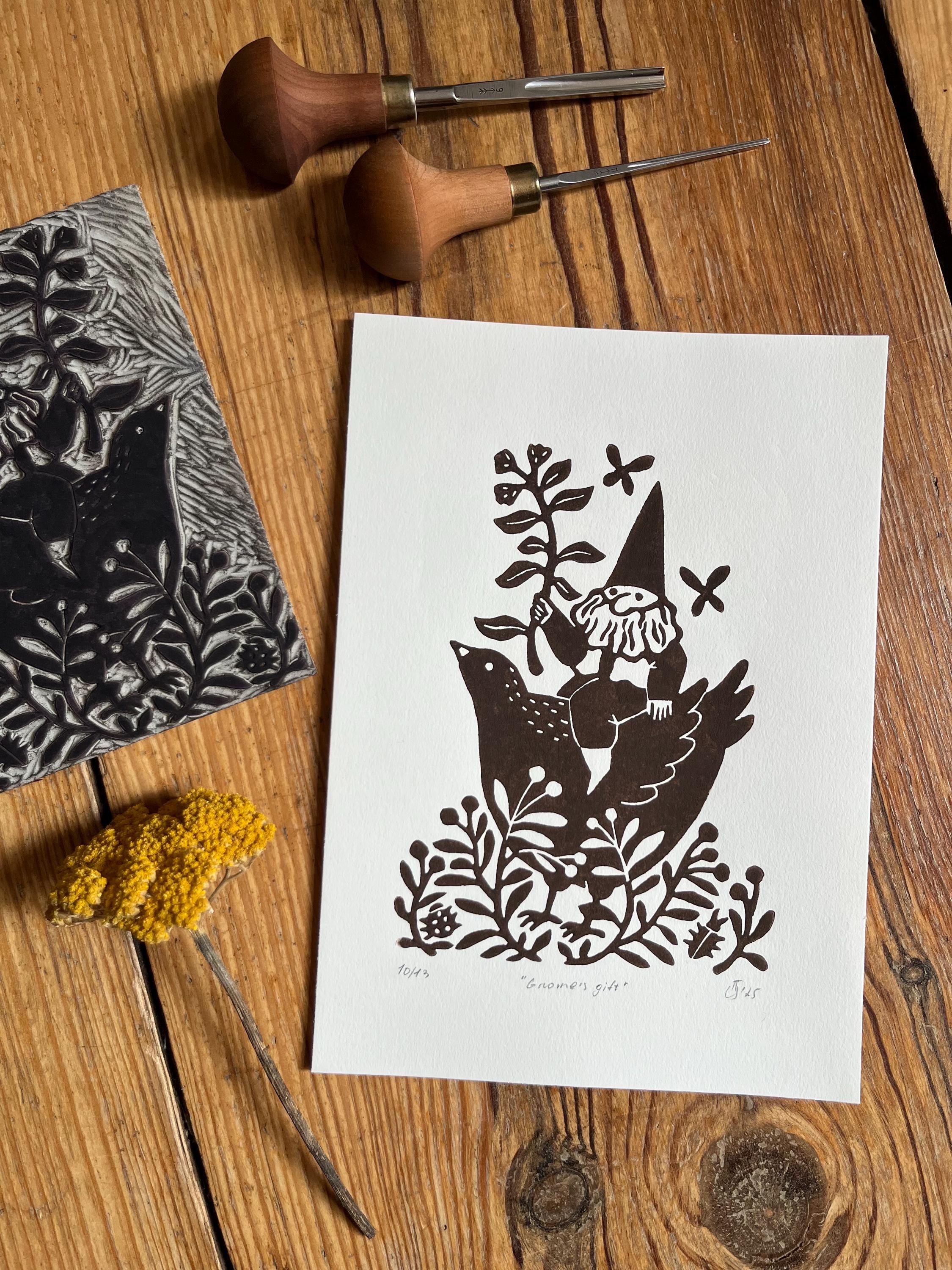Limited edition hand-carved linocut print “Gnome with Flower”
