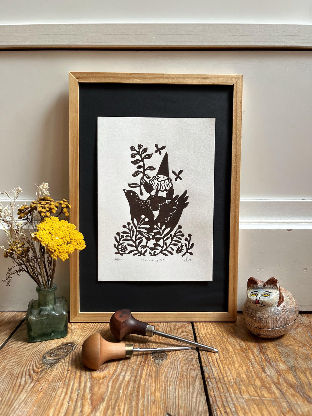 Limited edition hand-carved linocut print “Gnome with Flower”