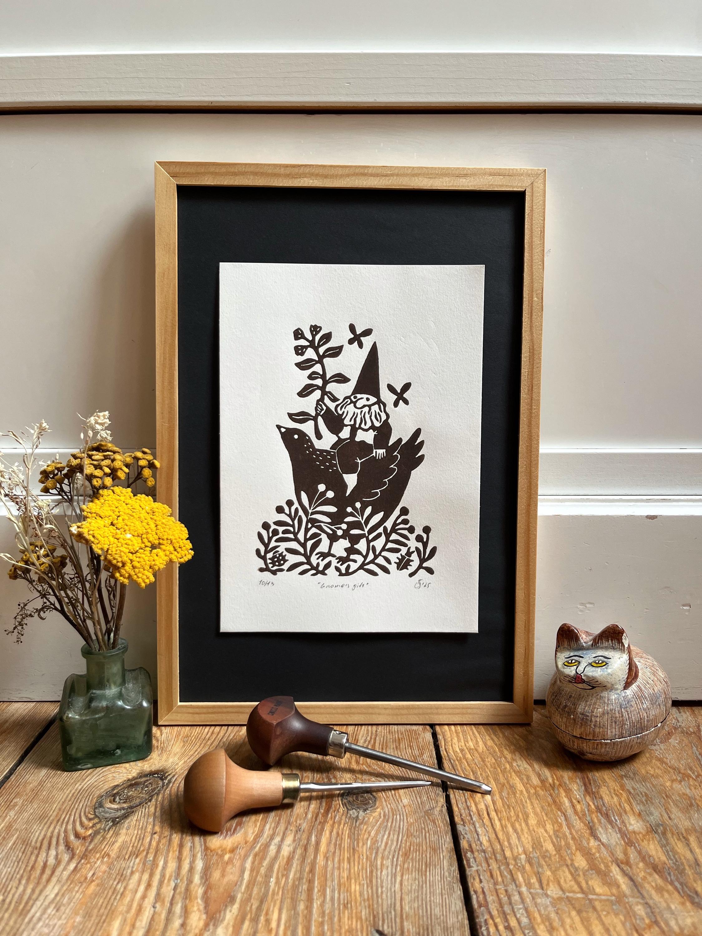 Limited edition hand-carved linocut print “Gnome with Flower”