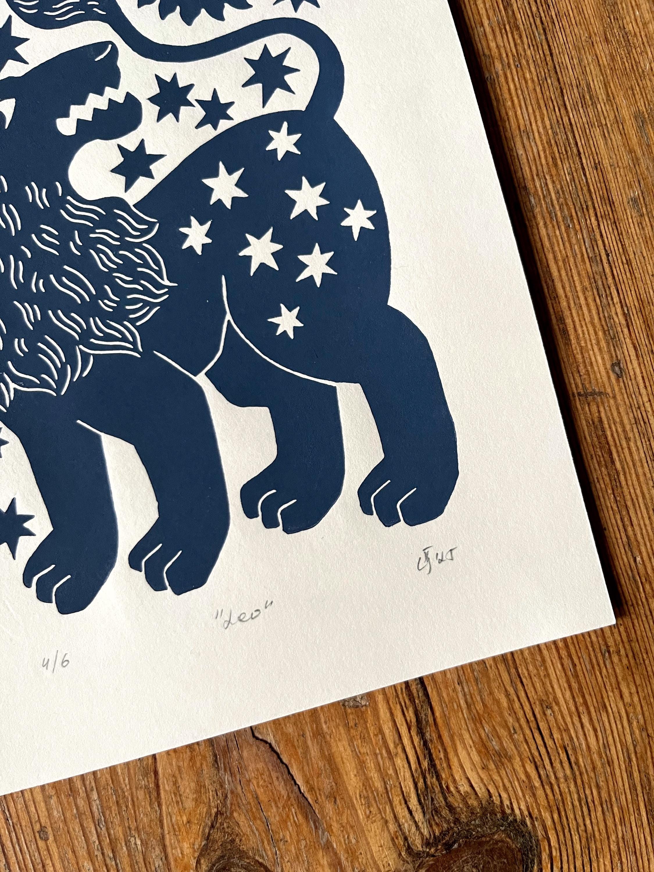 Hand carved original linocut print “Zodiac Sign. Leo”