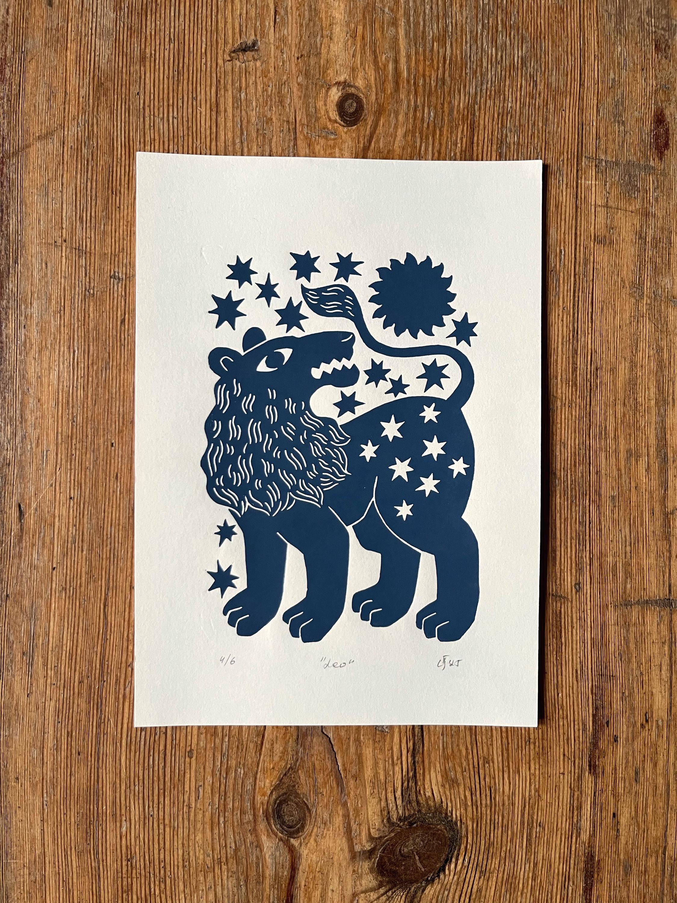 Hand carved original linocut print “Zodiac Sign. Leo”