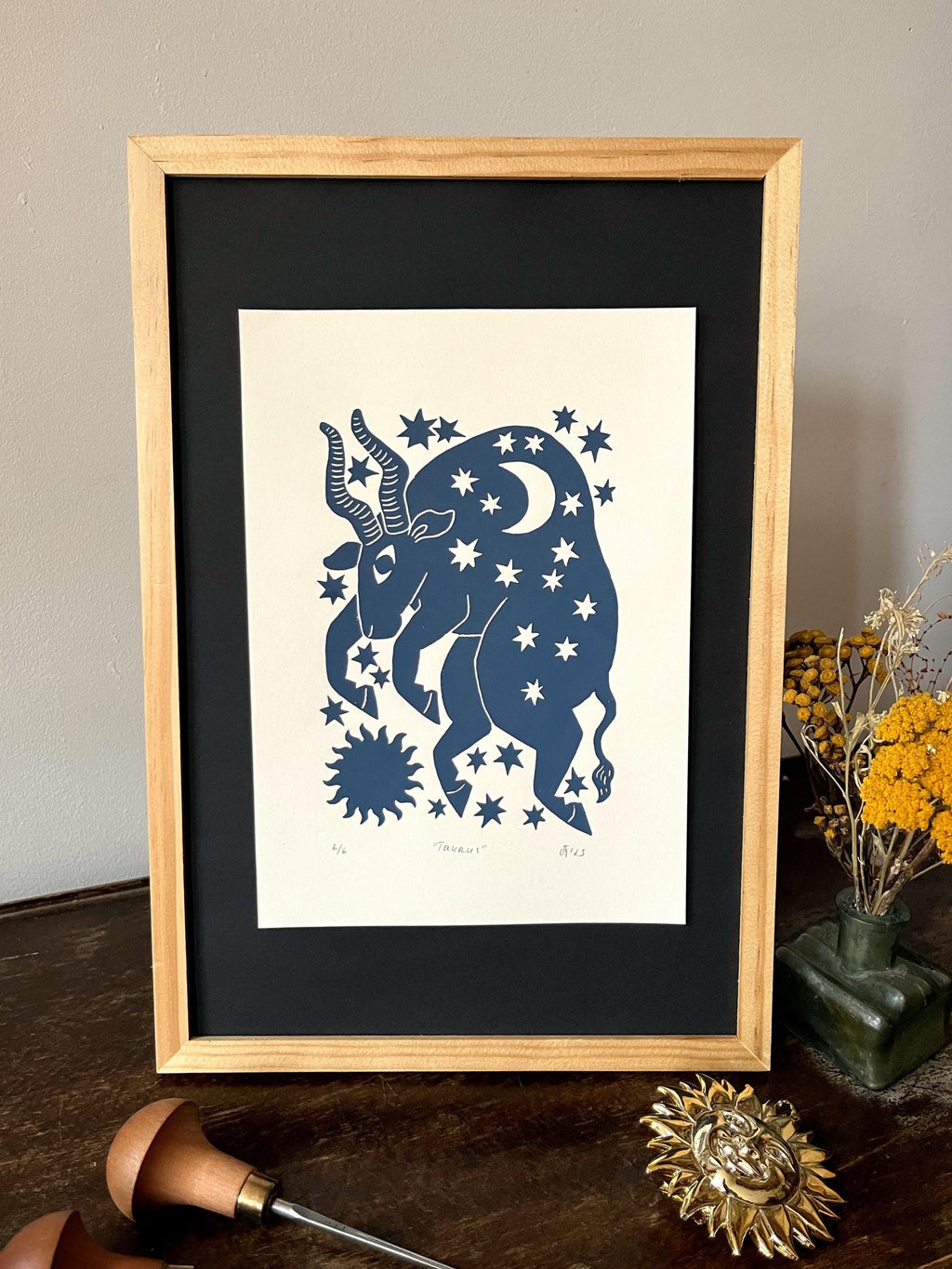 Hand carved original linocut print “Zodiac Sign. Taurus”