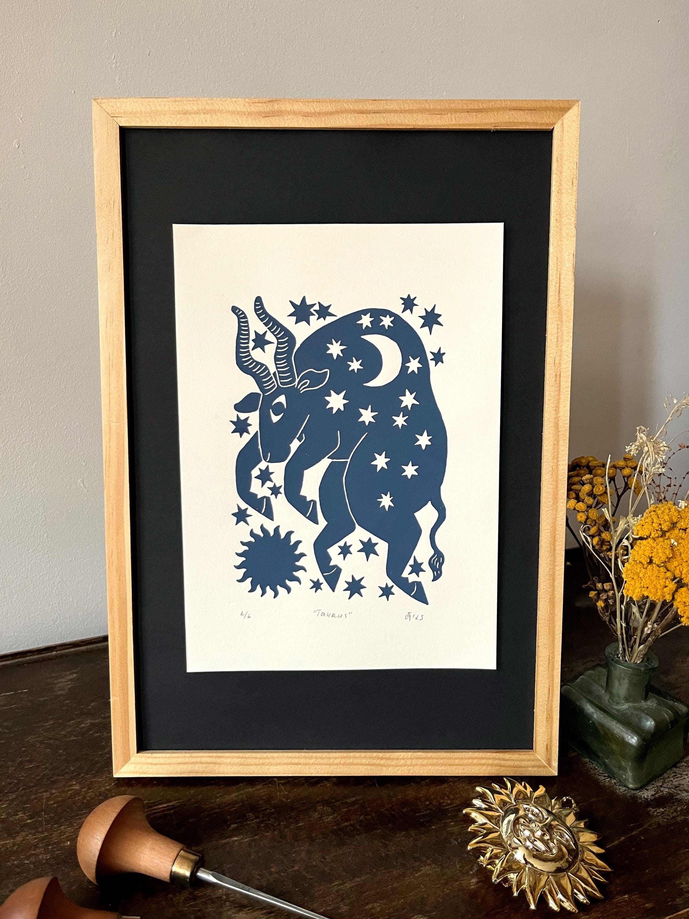 Hand carved original linocut print “Zodiac Sign. Taurus”