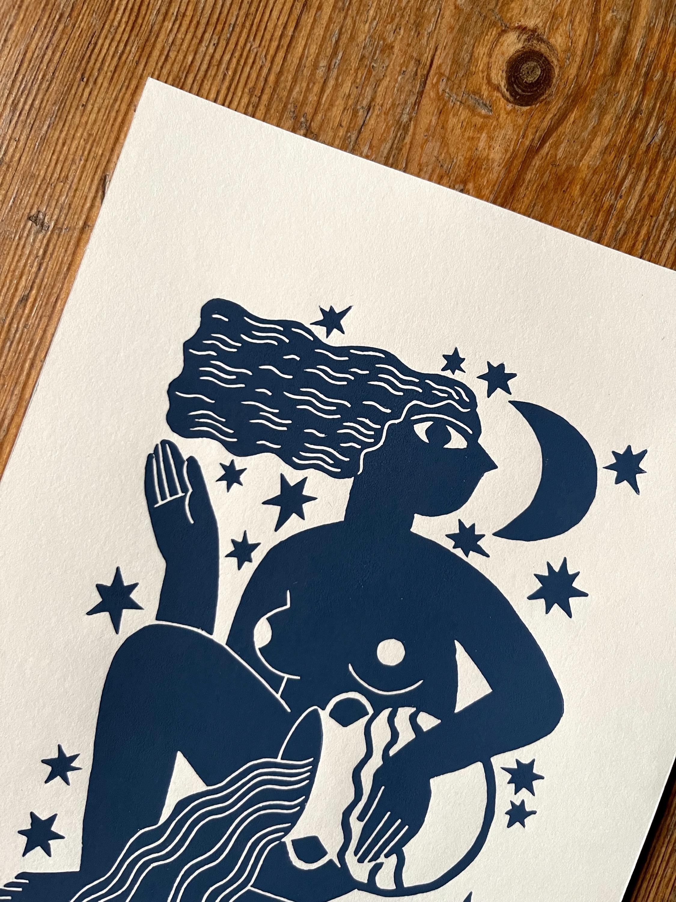 Hand carved original linocut print “Zodiac Sign. Aquarius”