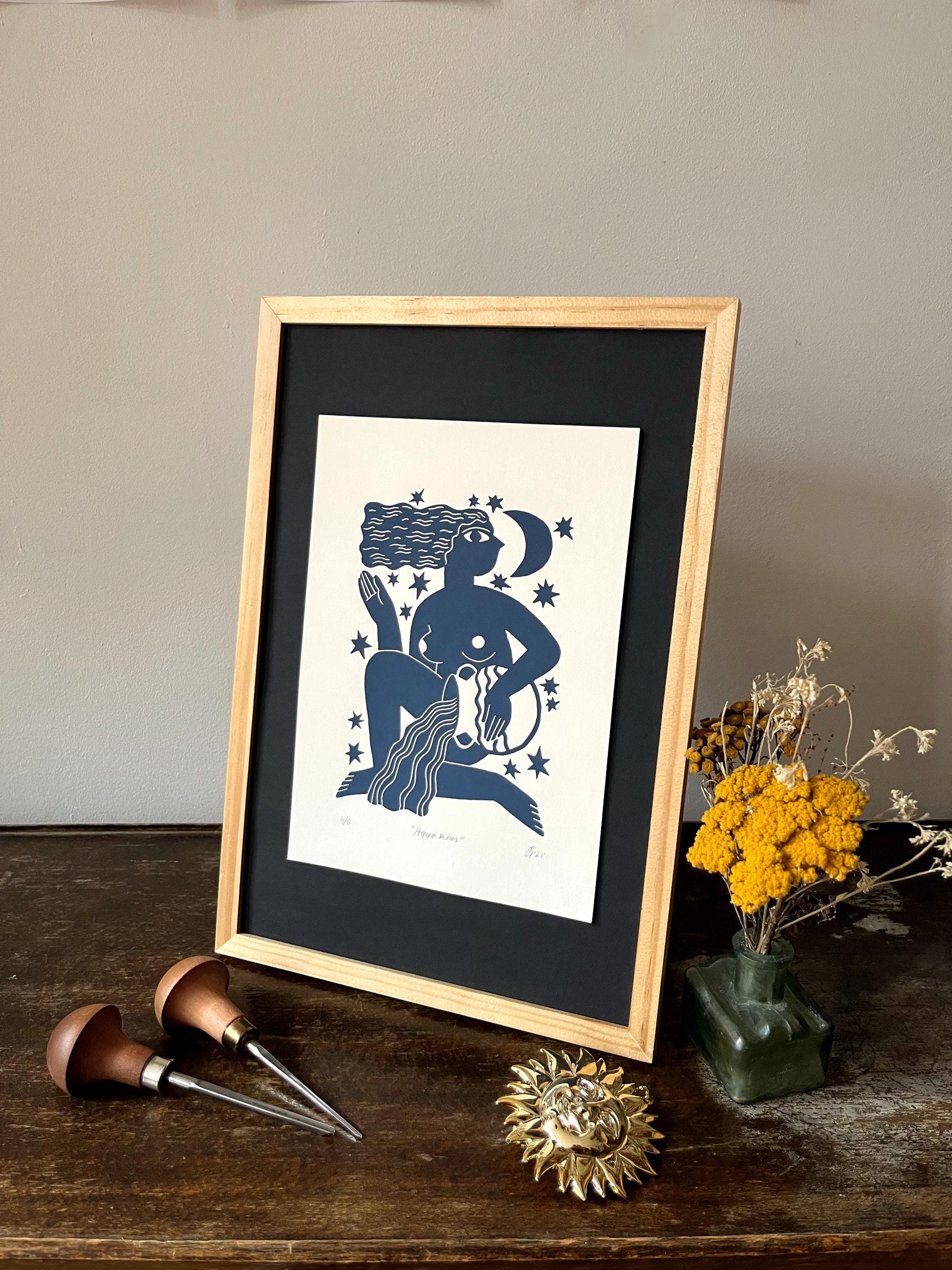 Hand carved original linocut print “Zodiac Sign. Aquarius”