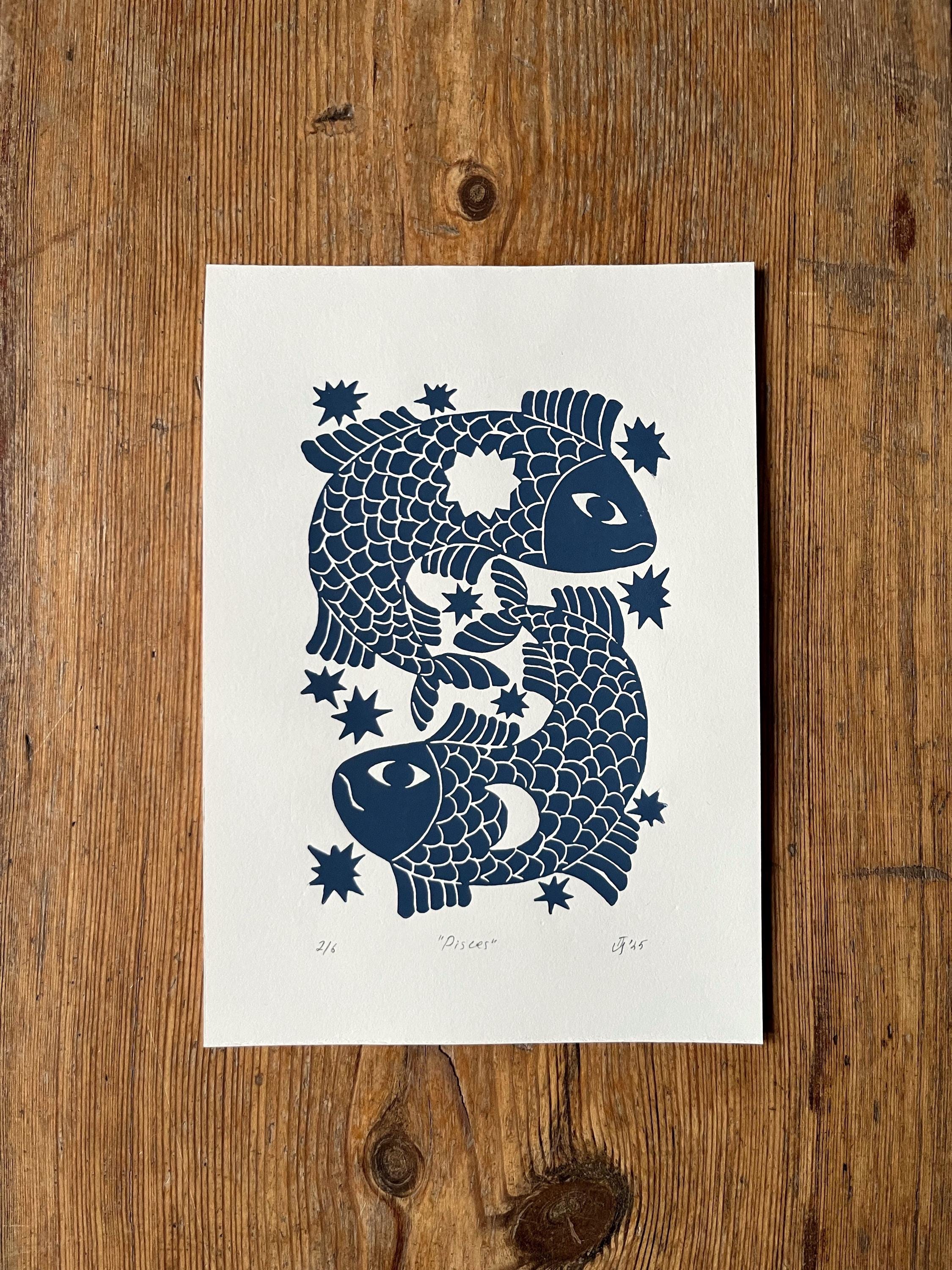Hand carved original linocut print “Zodiac Sign. Pisces”