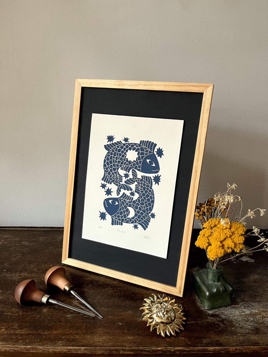 Hand carved original linocut print “Zodiac Sign. Pisces”