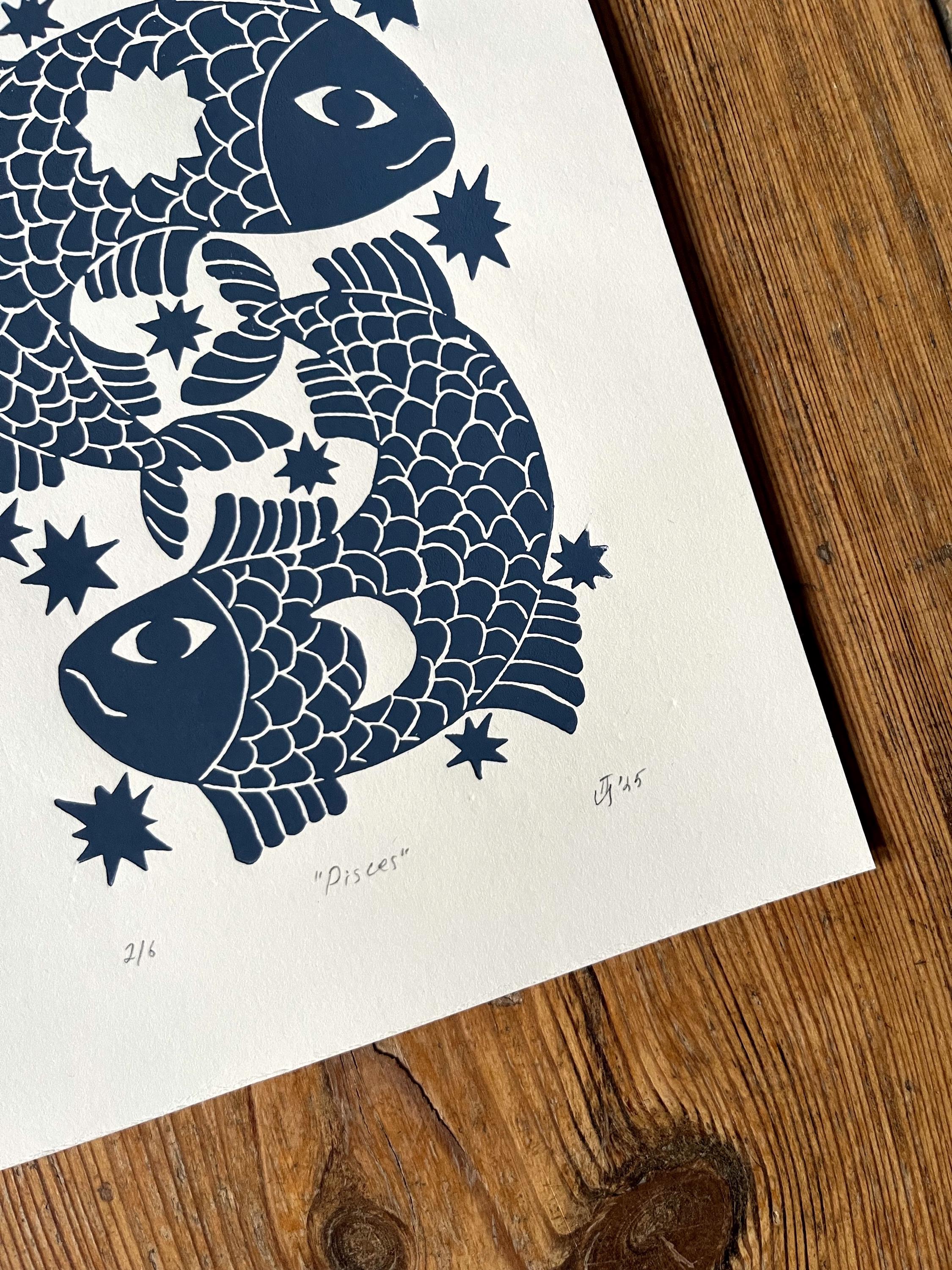 Hand carved original linocut print “Zodiac Sign. Pisces”
