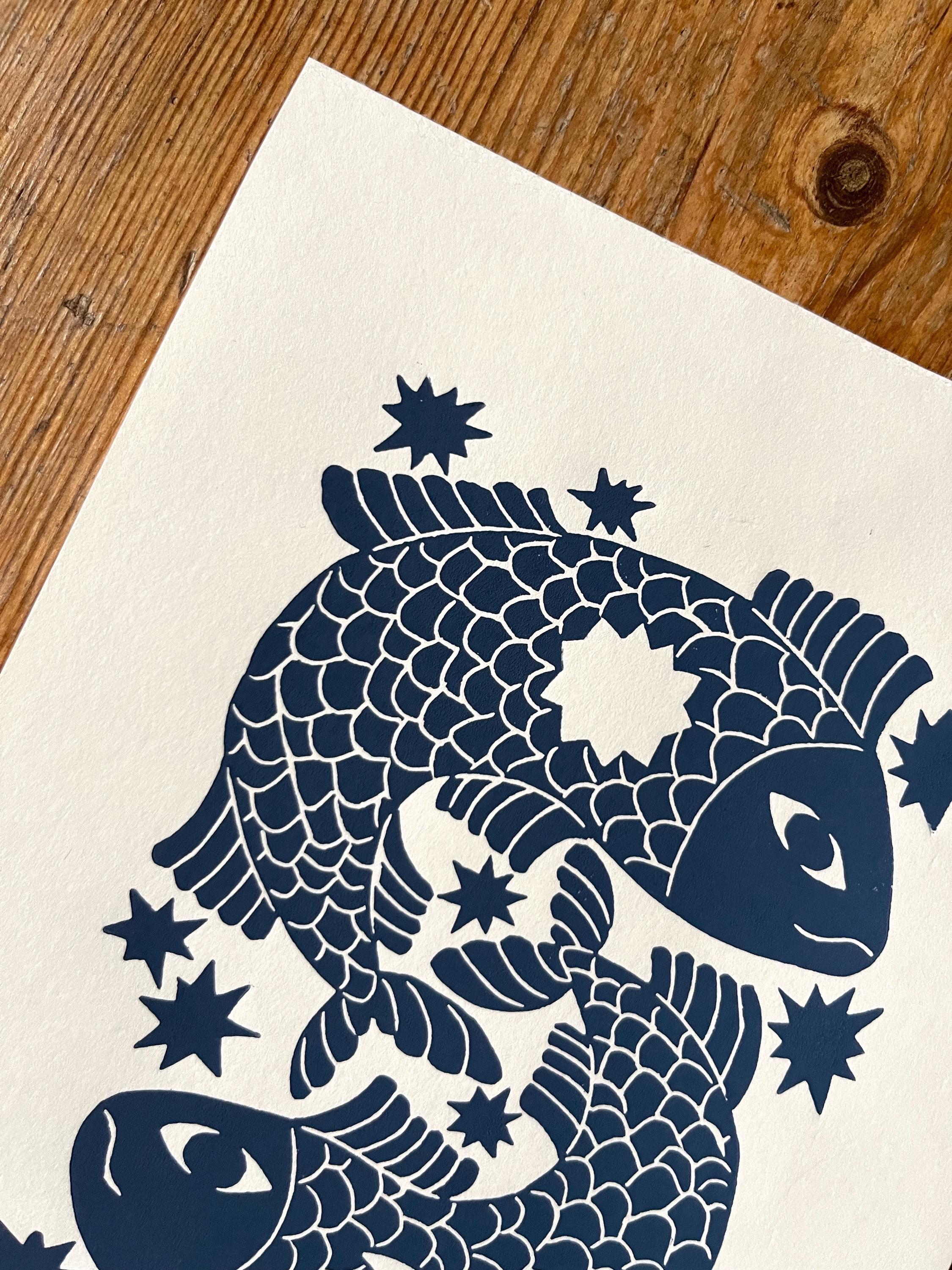 Hand carved original linocut print “Zodiac Sign. Pisces”
