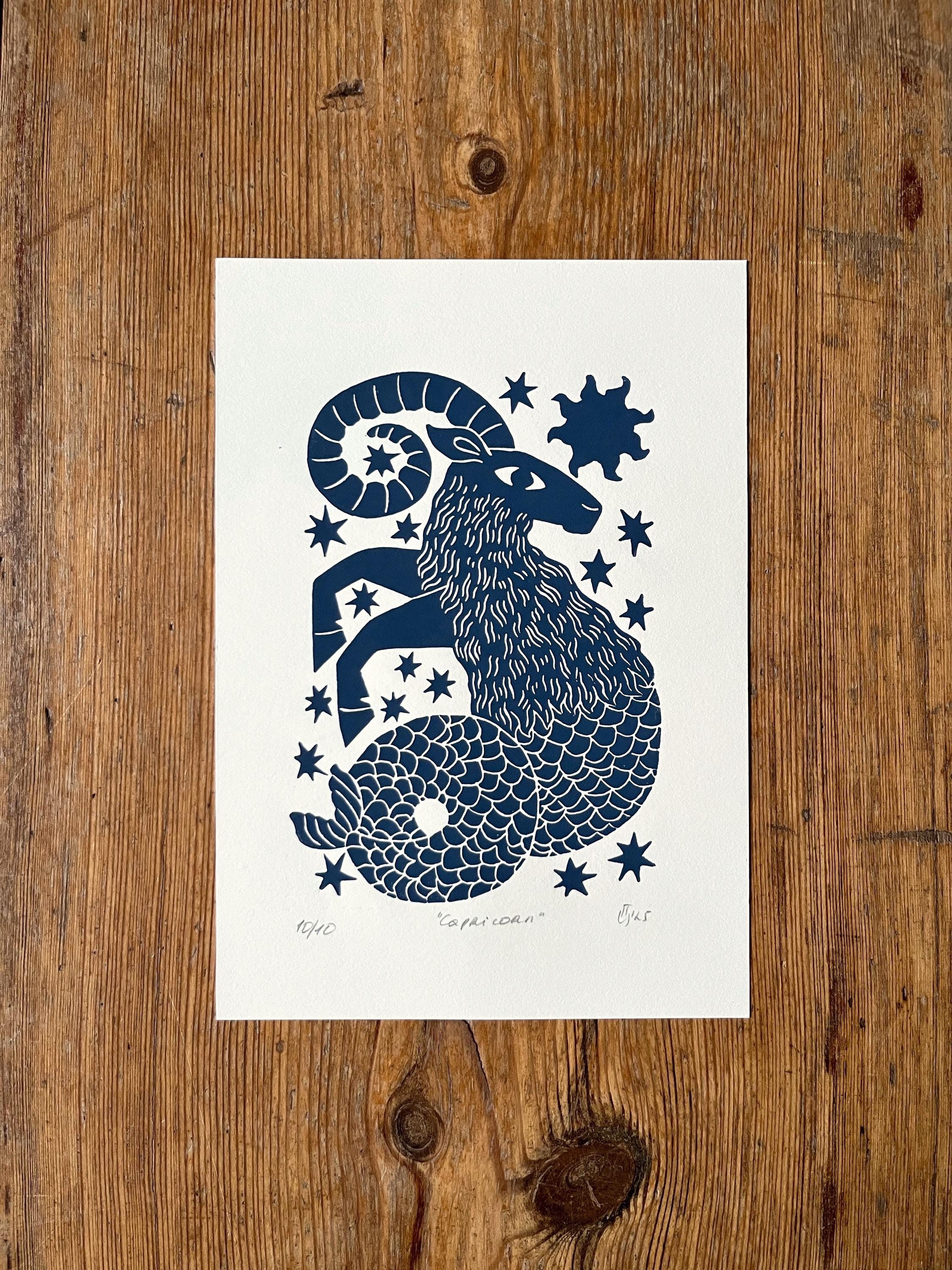 Hand carved original linocut print “Zodiac Sign. Capricorn”