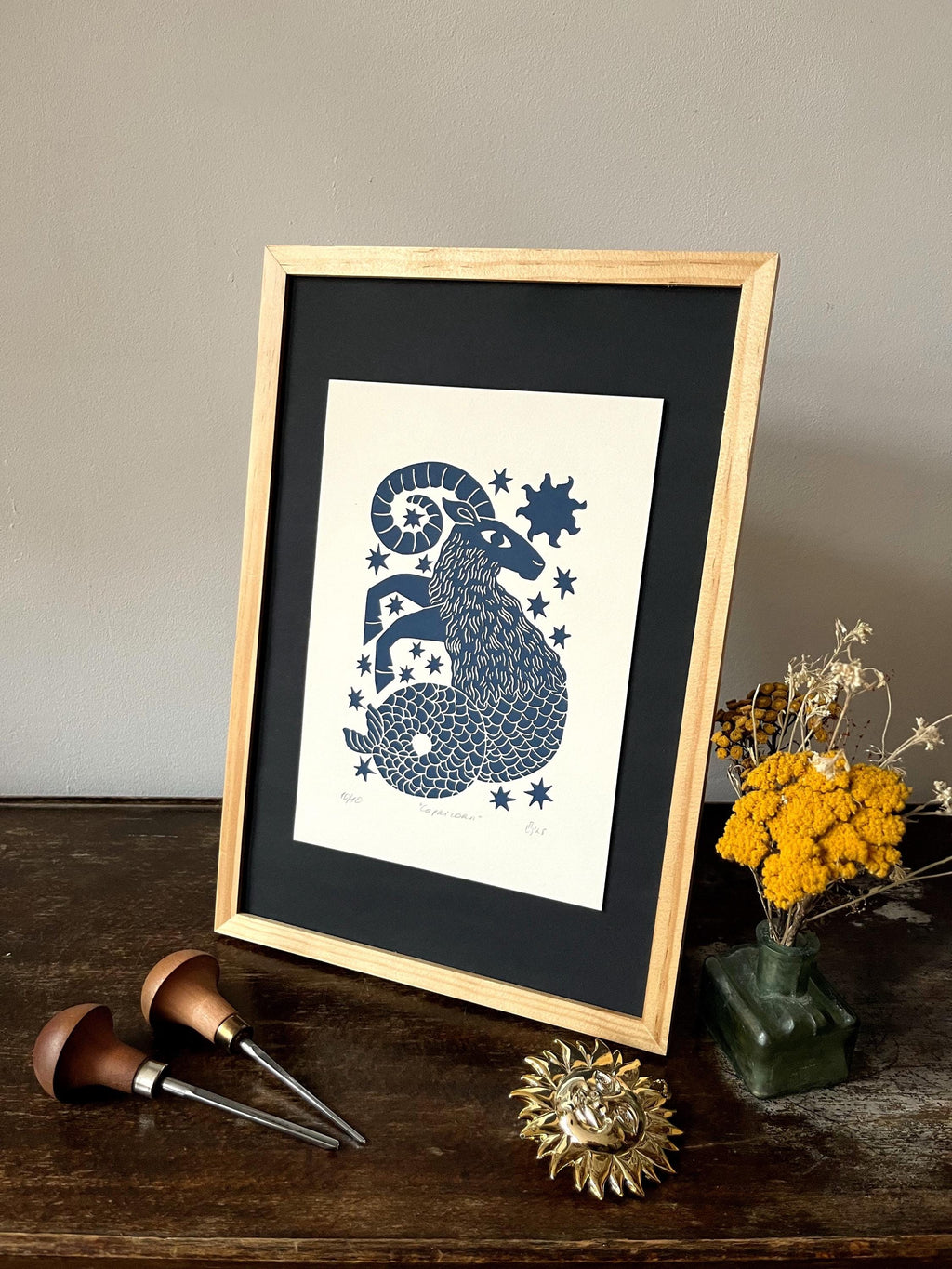 Hand carved original linocut print “Zodiac Sign. Capricorn”