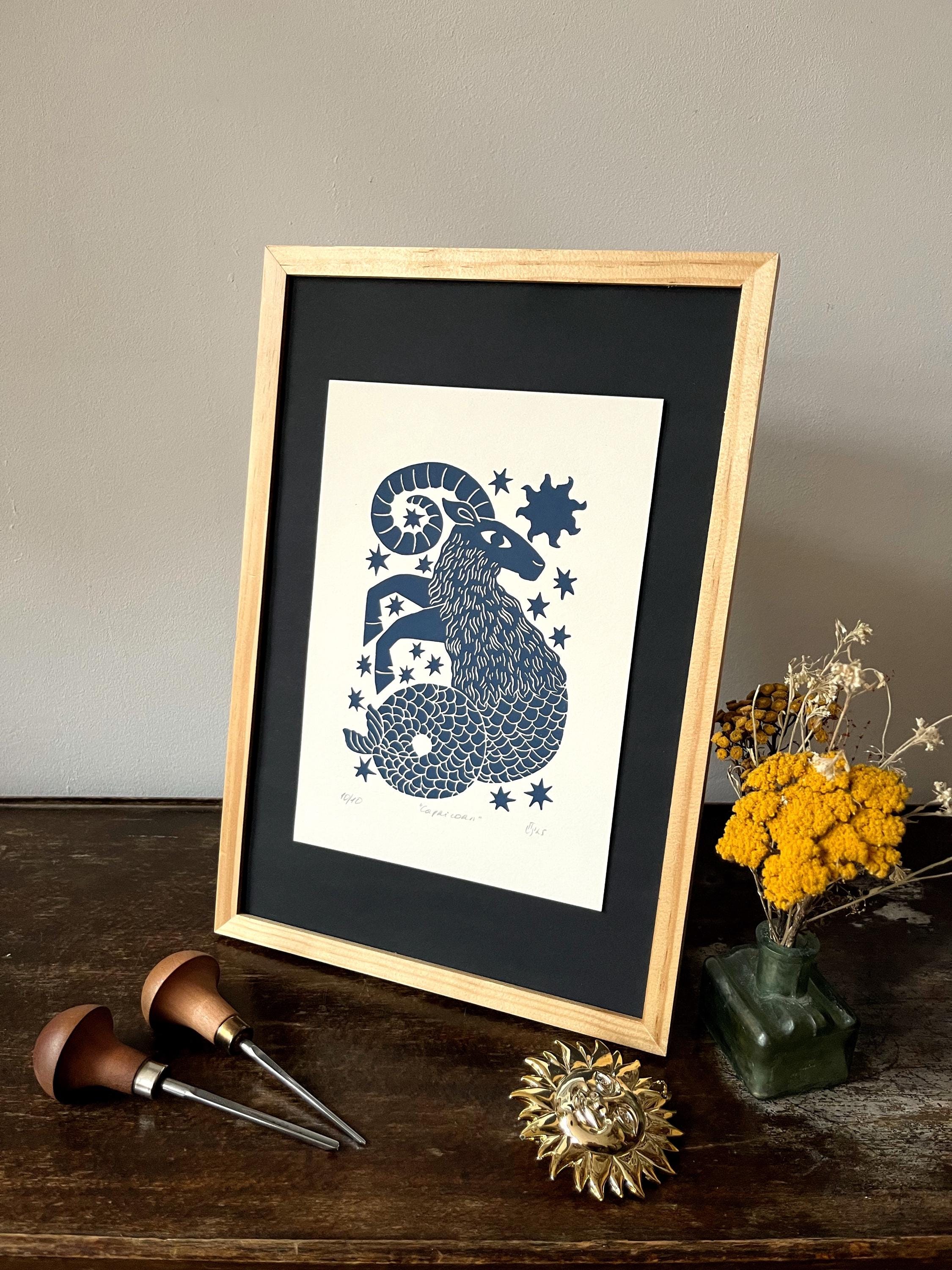 Hand carved original linocut print “Zodiac Sign. Capricorn”