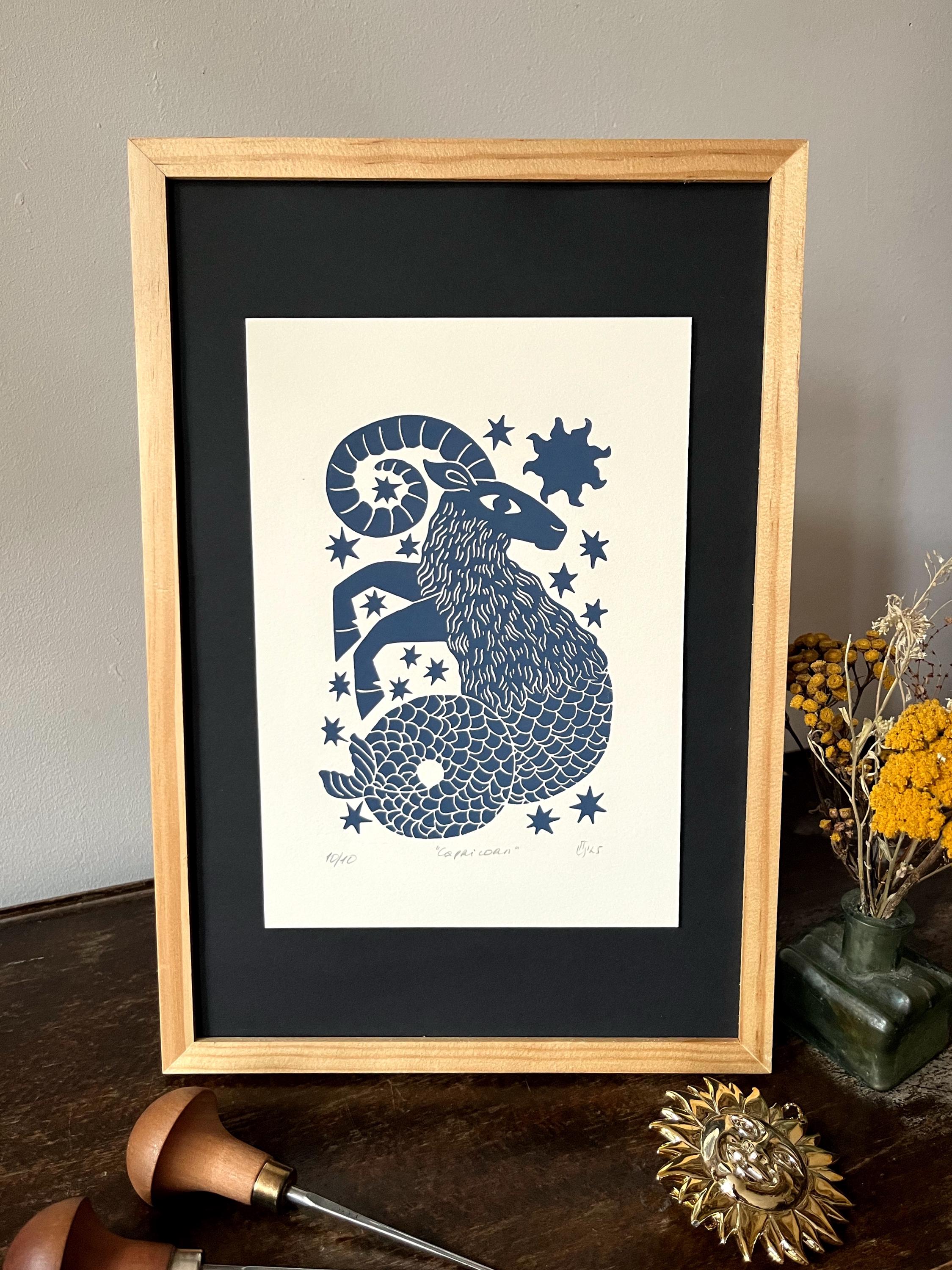 Hand carved original linocut print “Zodiac Sign. Capricorn”