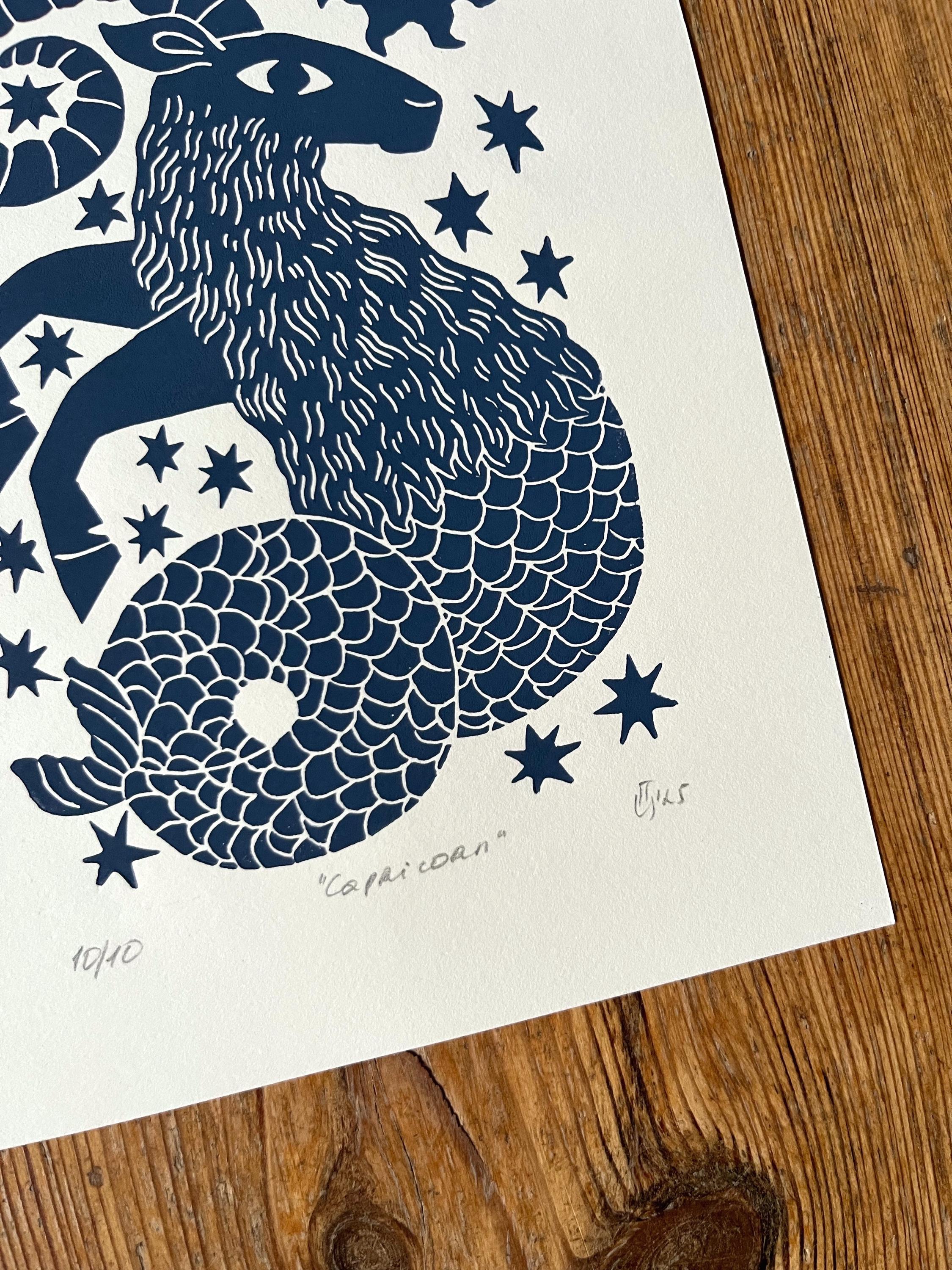 Hand carved original linocut print “Zodiac Sign. Capricorn”