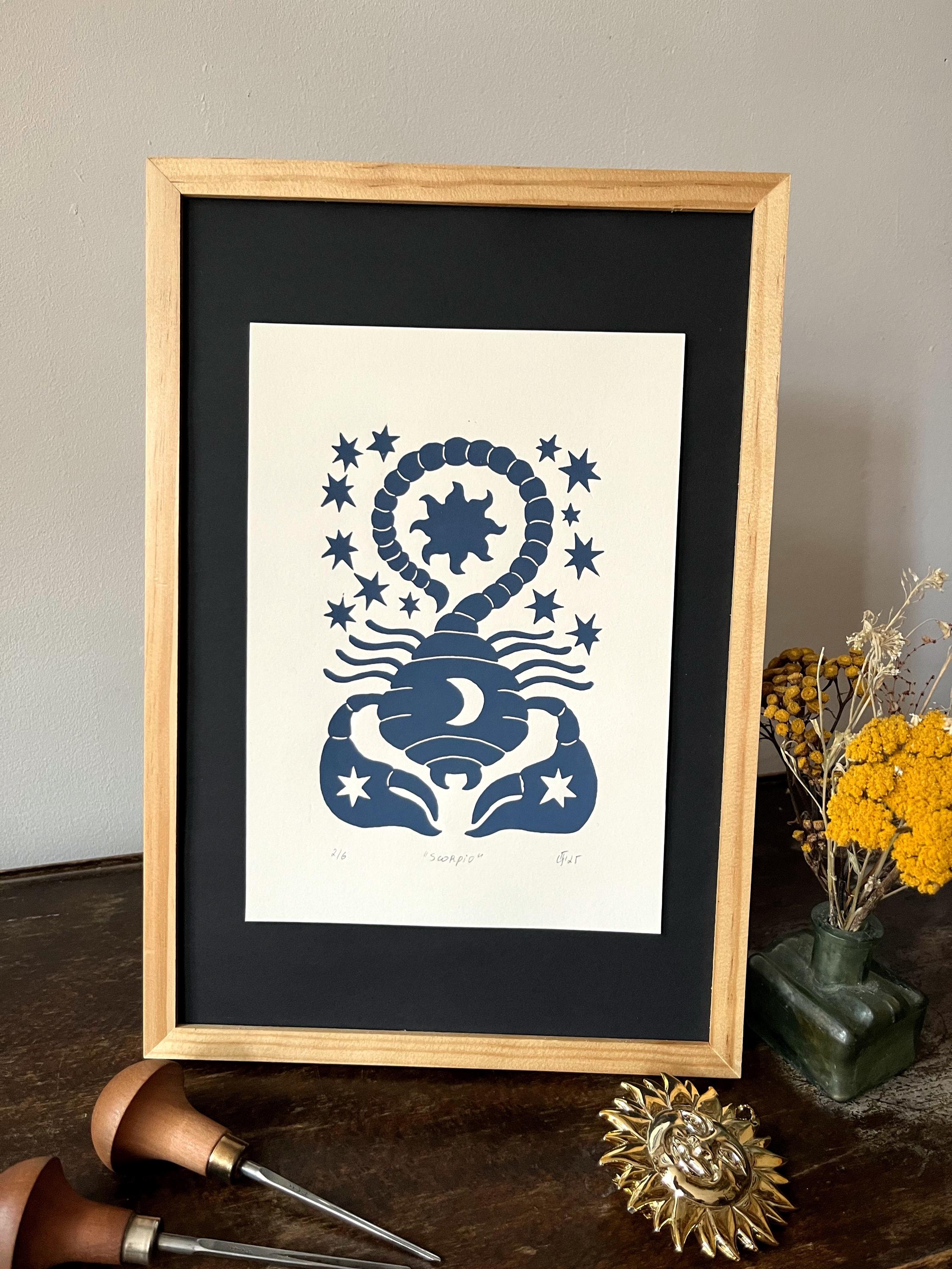 Hand carved original linocut print “Zodiac Sign. Scorpio”