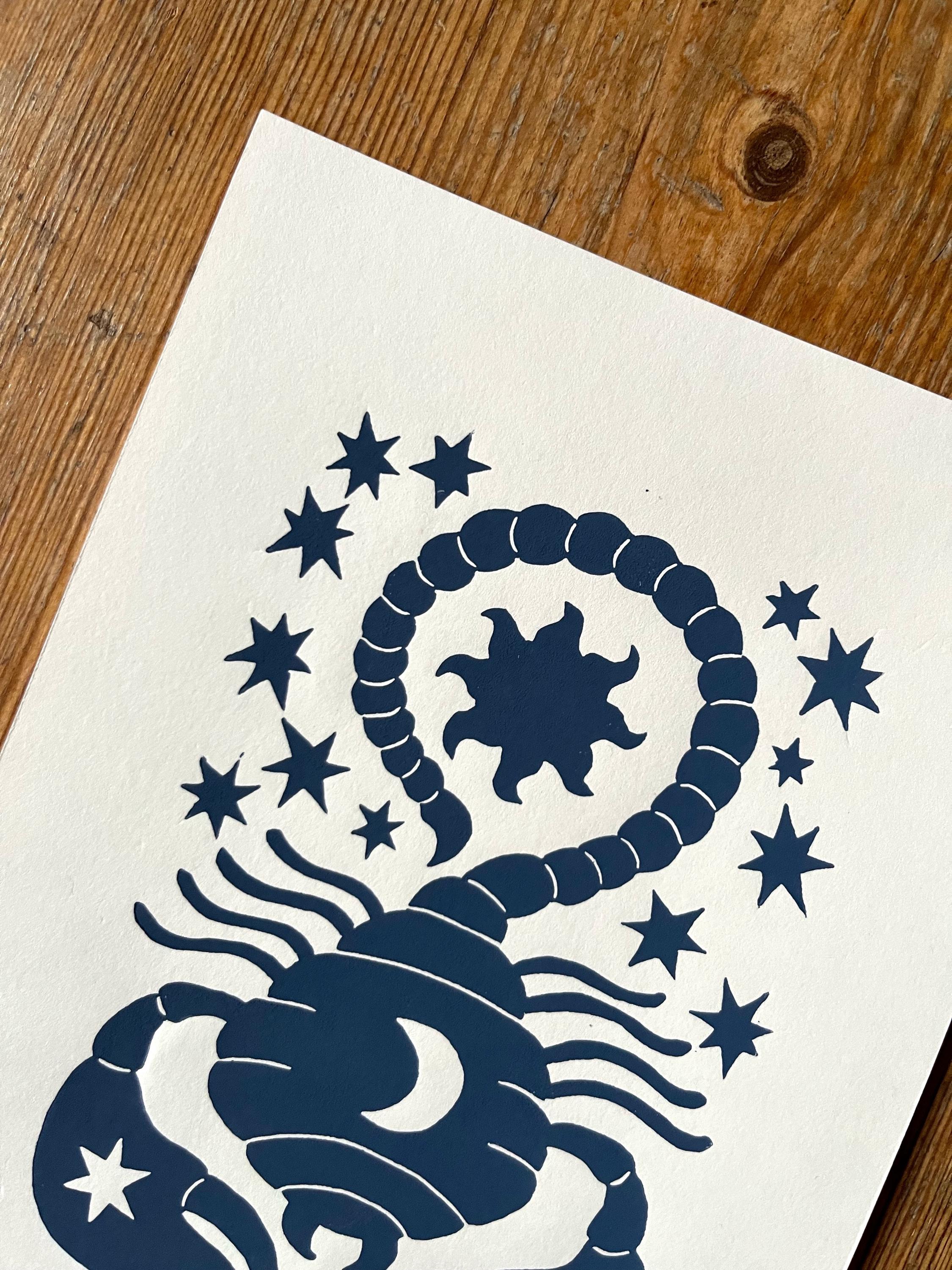 Hand carved original linocut print “Zodiac Sign. Scorpio”