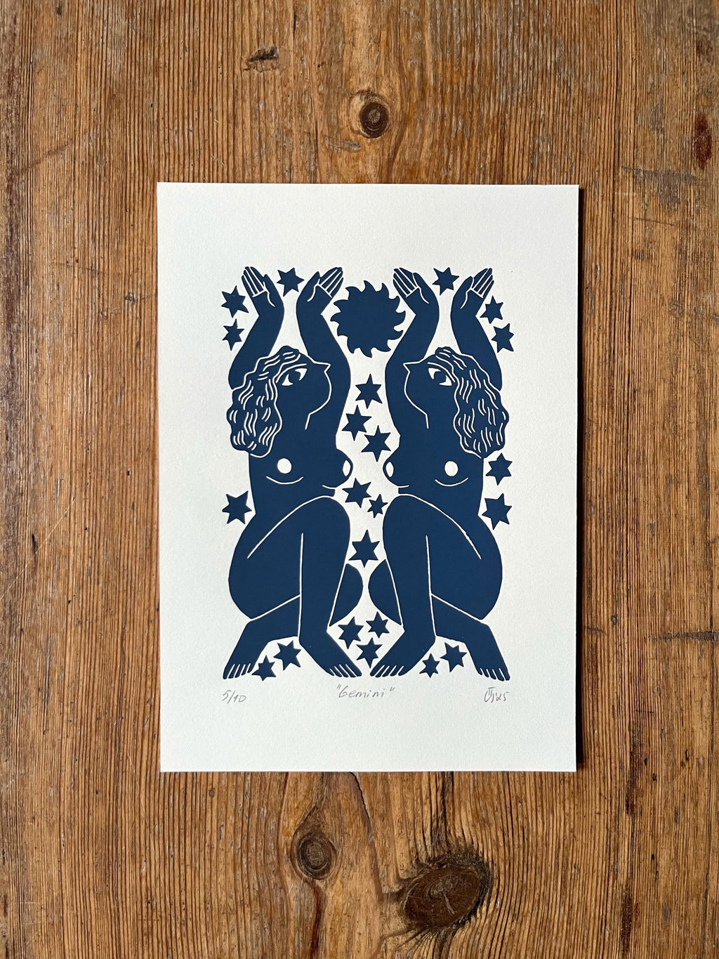 Hand carved original linocut print “Zodiac Sign. Gemini”