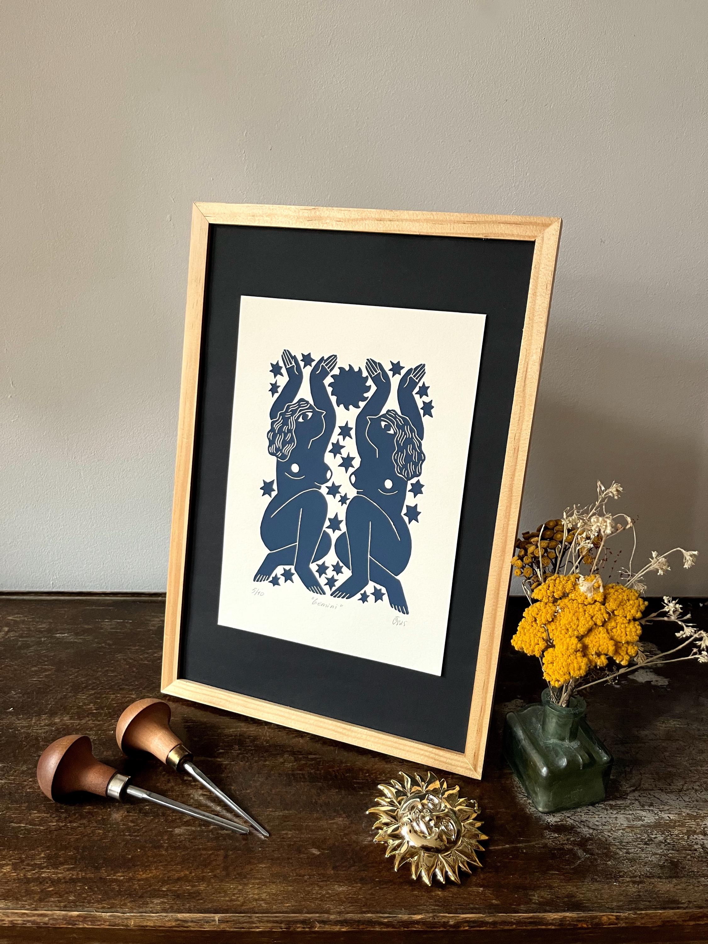 Hand carved original linocut print “Zodiac Sign. Gemini”
