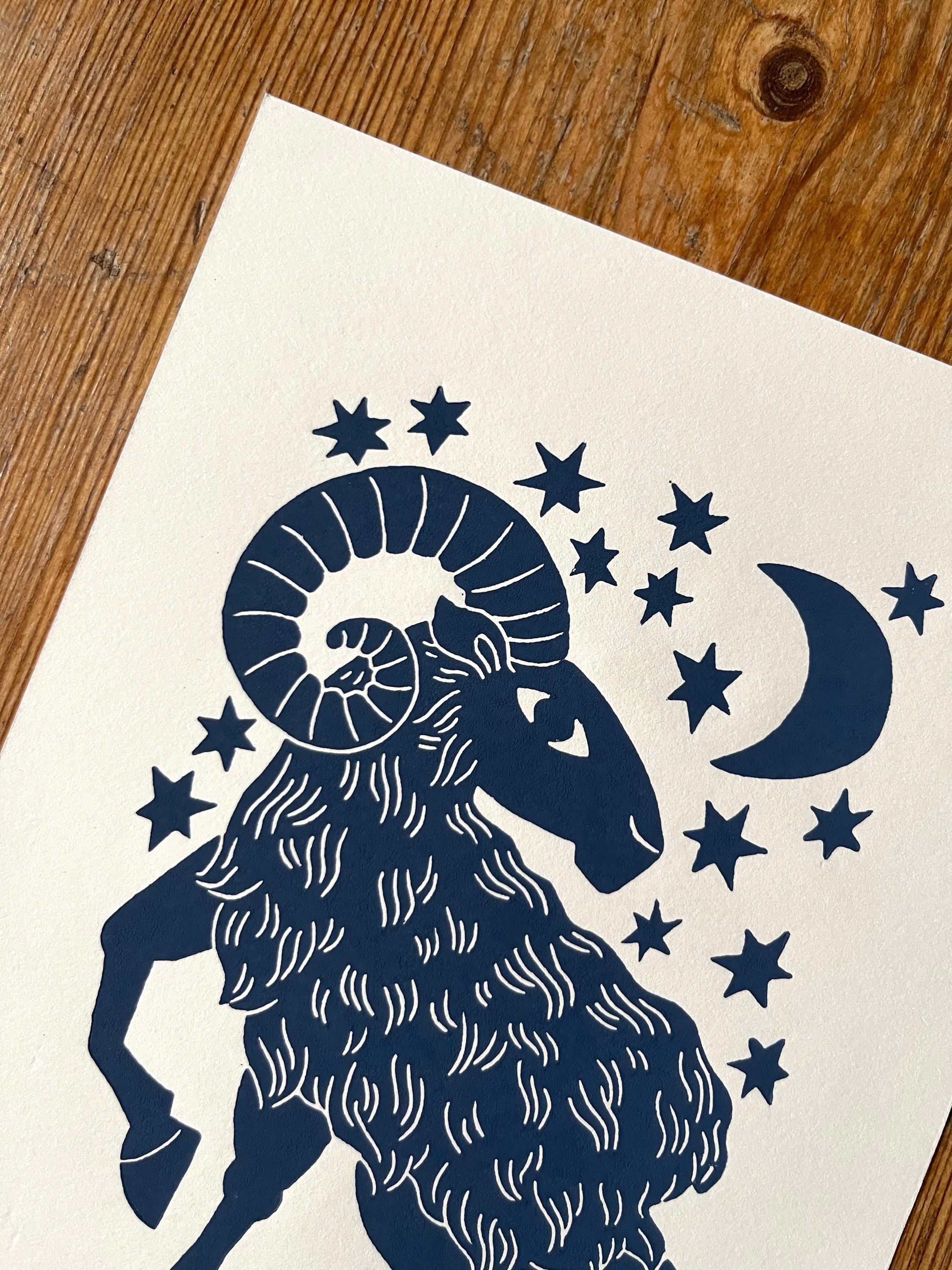 Hand carved original linocut print “Zodiac Sign. Aries”