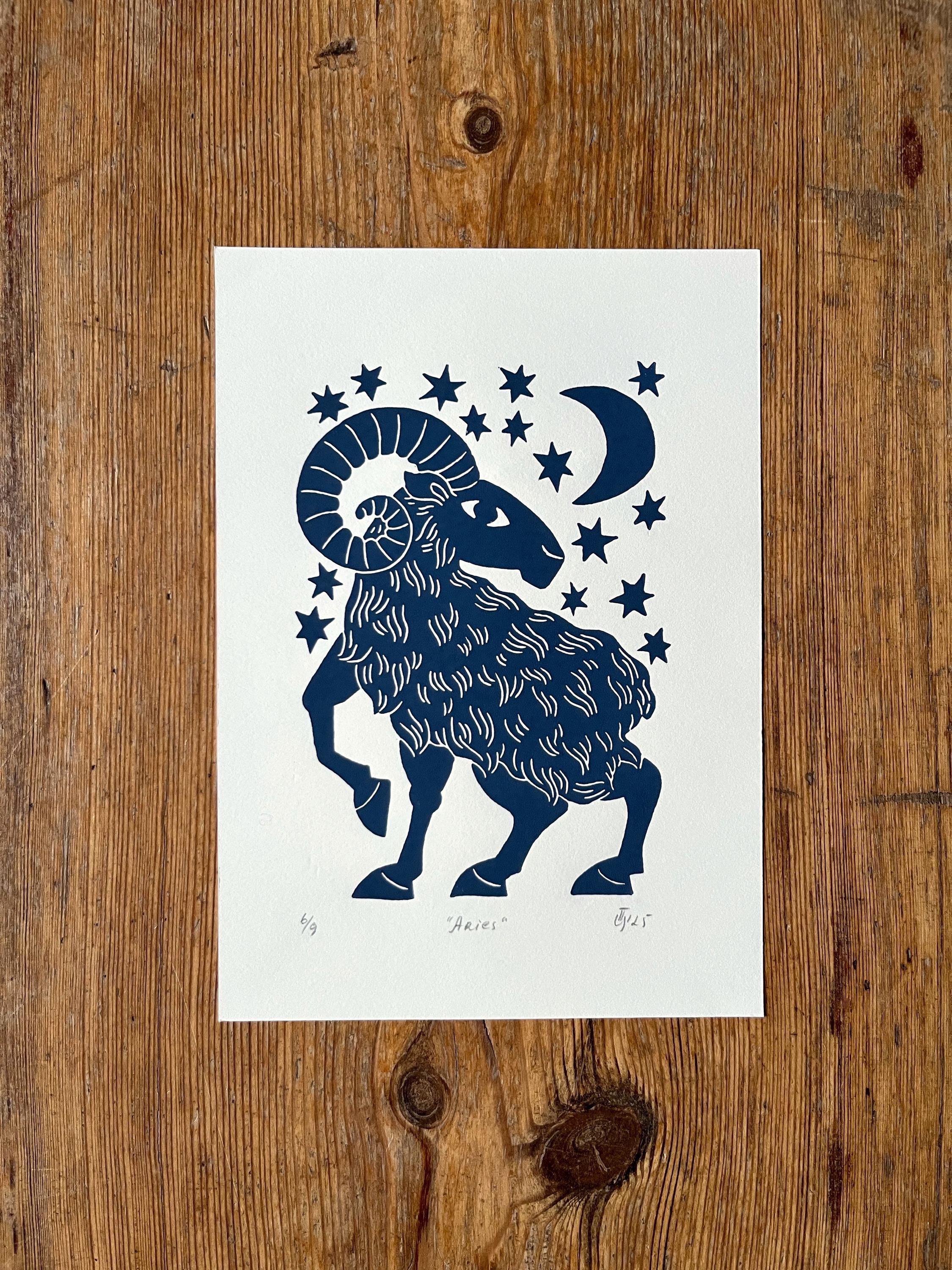 Hand carved original linocut print “Zodiac Sign. Aries”