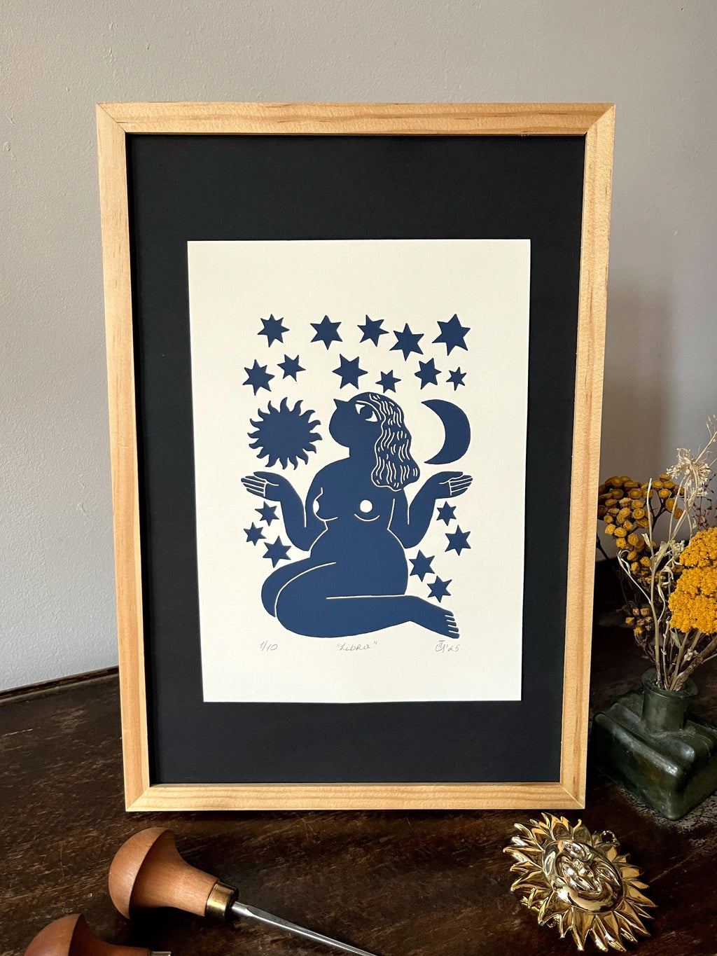 Hand carved original linocut print “Zodiac Sign. Libra”