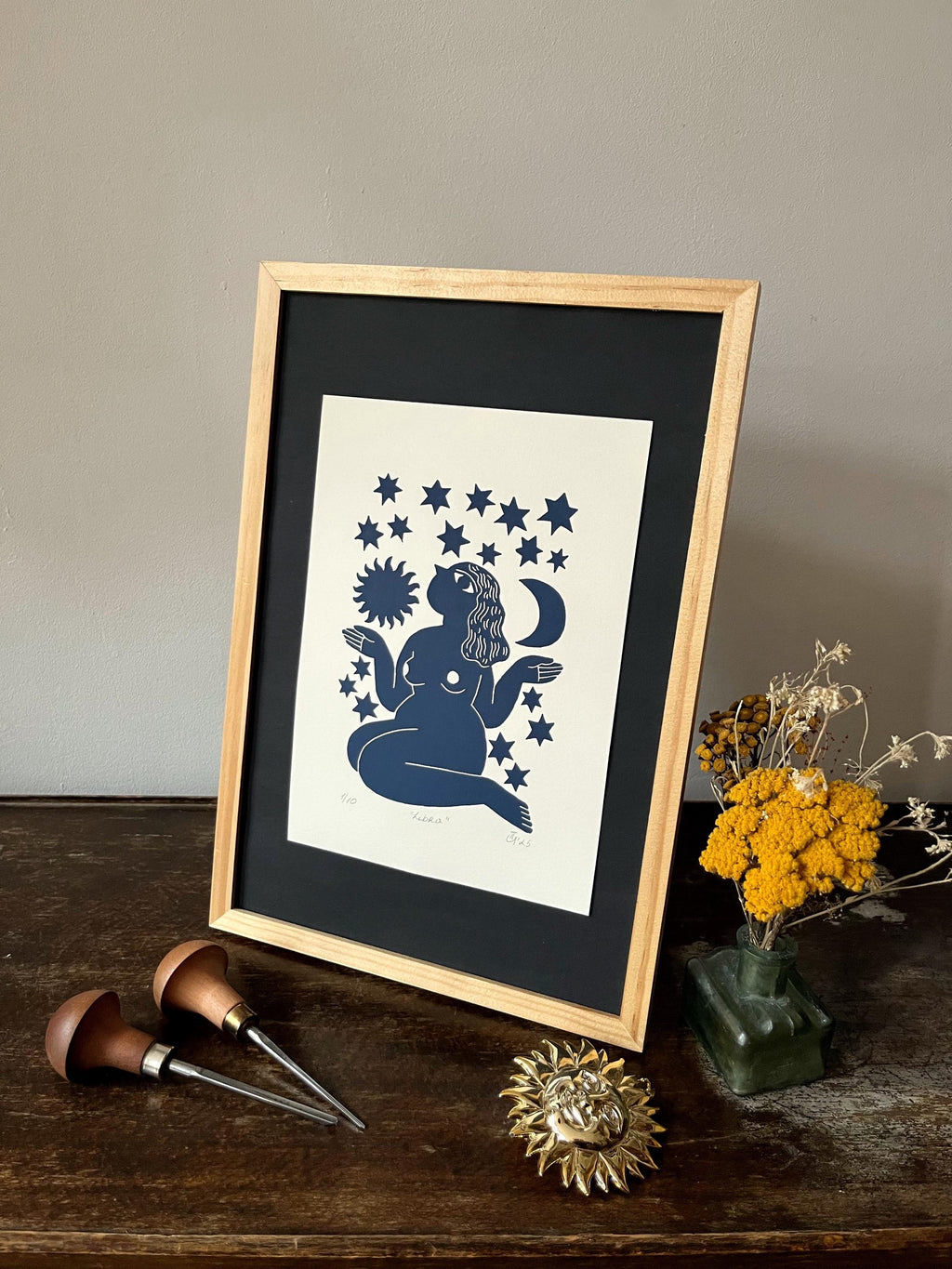 Hand carved original linocut print “Zodiac Sign. Libra”